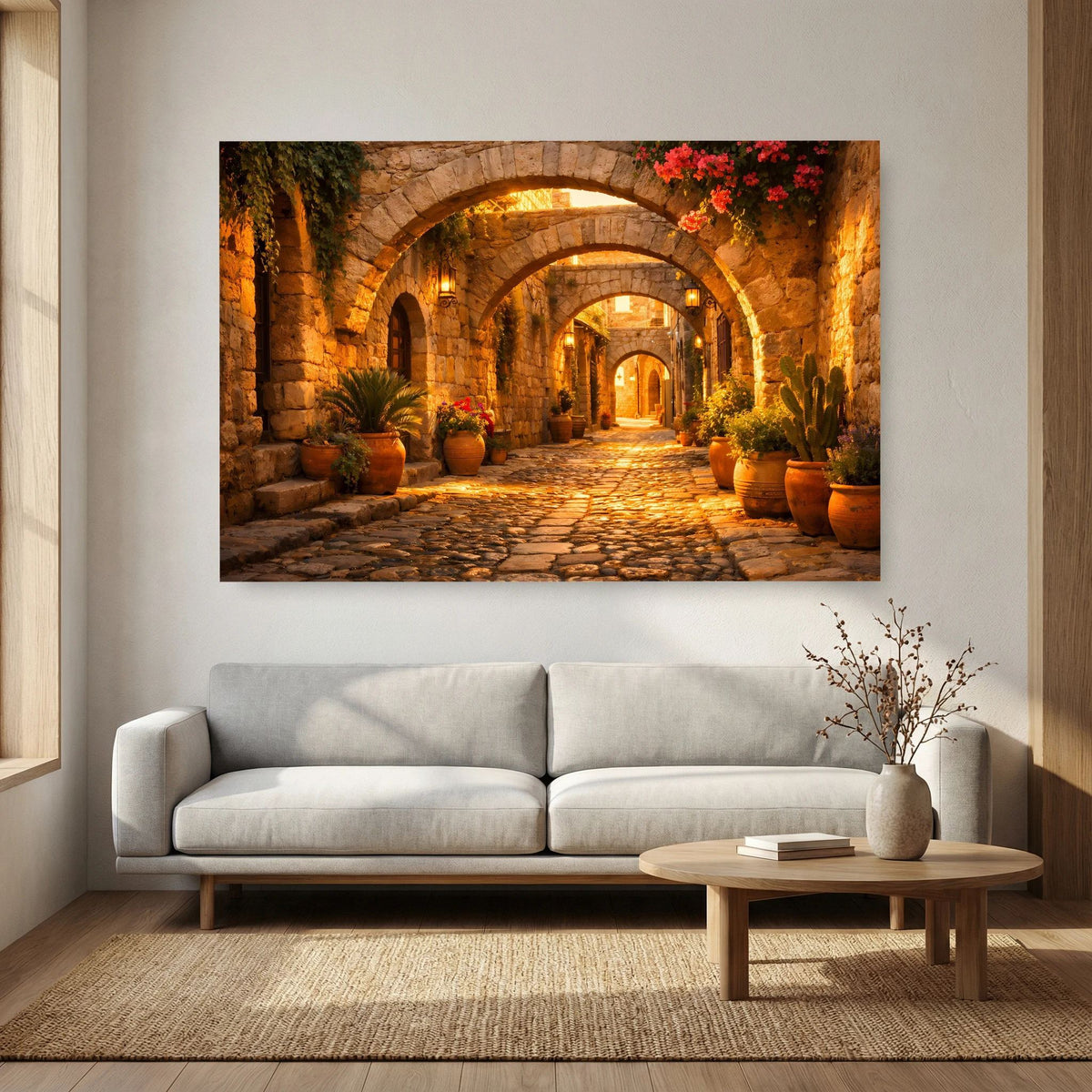 Wandbild im Querformat mit Steinbogen-Gasse, Kerzenlicht und Töpfen am Weg
