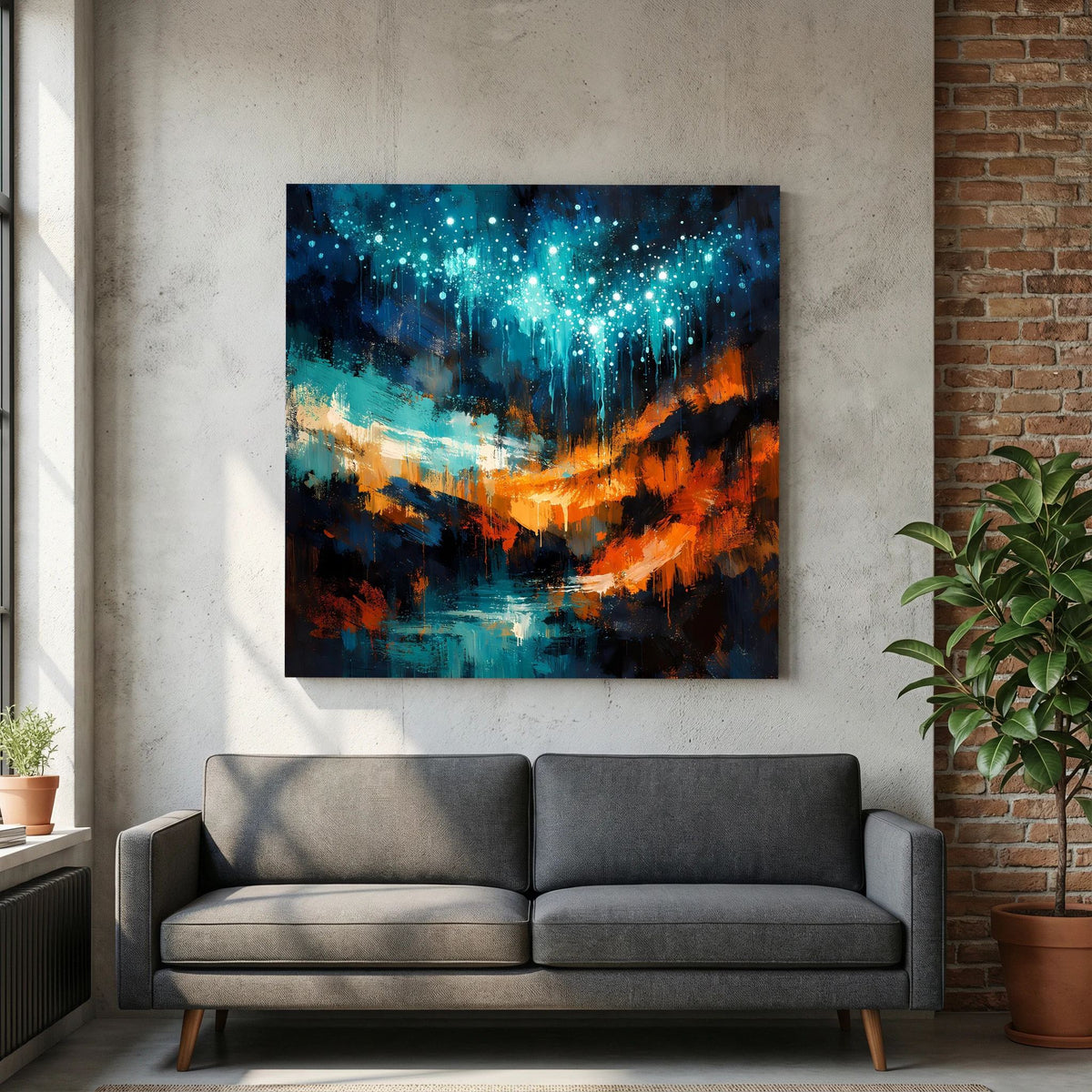 Abstraktes Wandbild mit blauen Lichttropfen, orangefarbenem Schein und dunklem Flusslauf