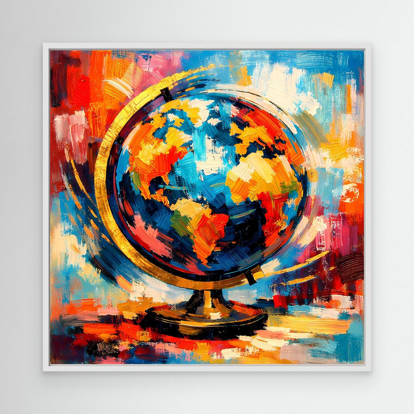 Leinwandbild mit abstraktem Globus und Weltkarte, bunte Pinselstriche, weiß gerahmt