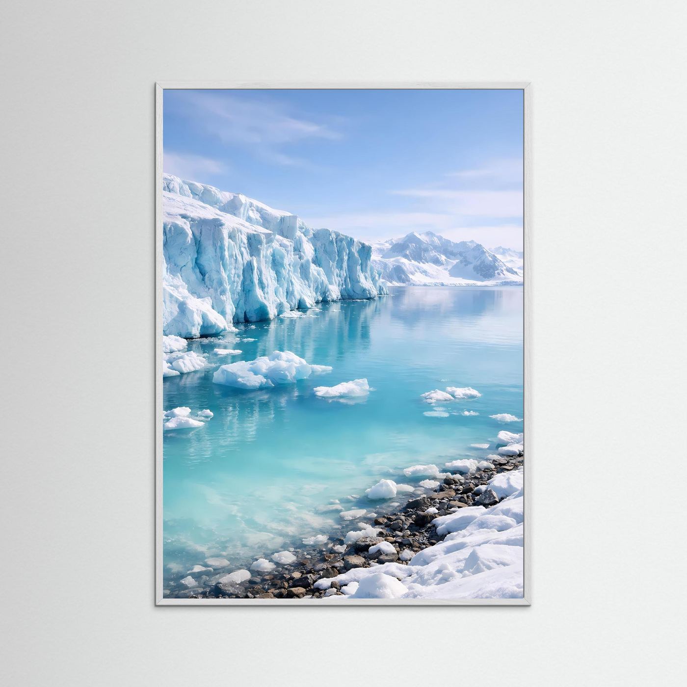 Gletscher-Poster im Hochformat mit Rahmen, türkisfarbenes Wasser, weißes Eis und Steinufer