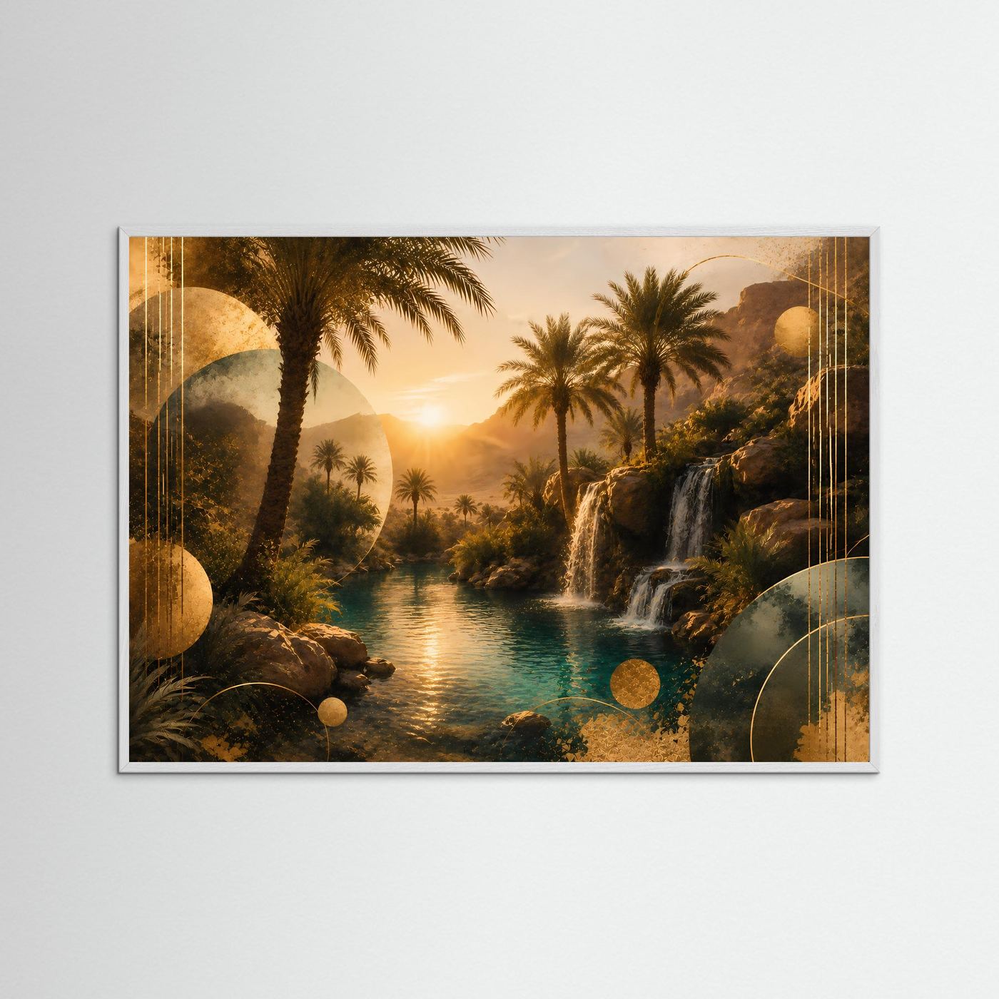 Horizontales Poster mit Palmen und Wasserfall, türkisfarbener Fluss, weißer Holzrahmen