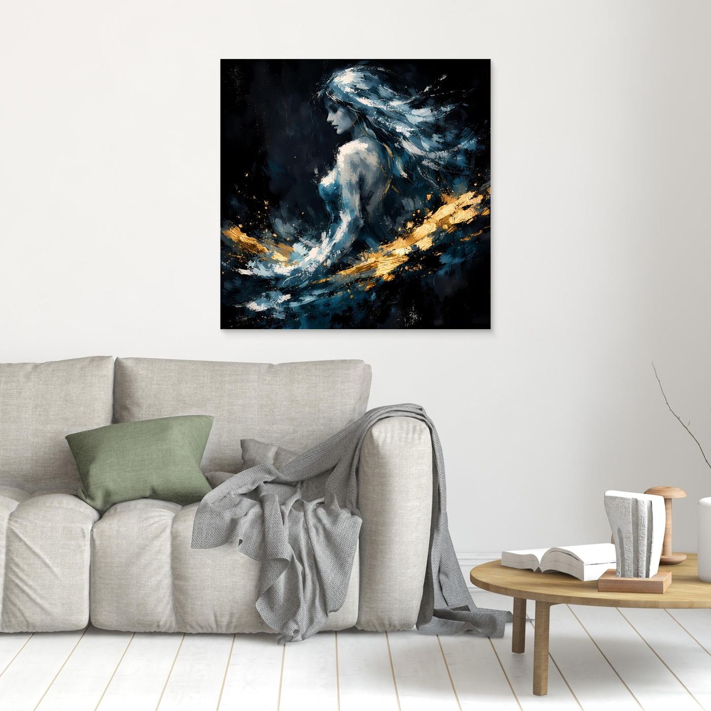 Leinwand Mystische Frauen-Figur in Blau und Gold | Modernes Abstraktes Fantasie Wandbild