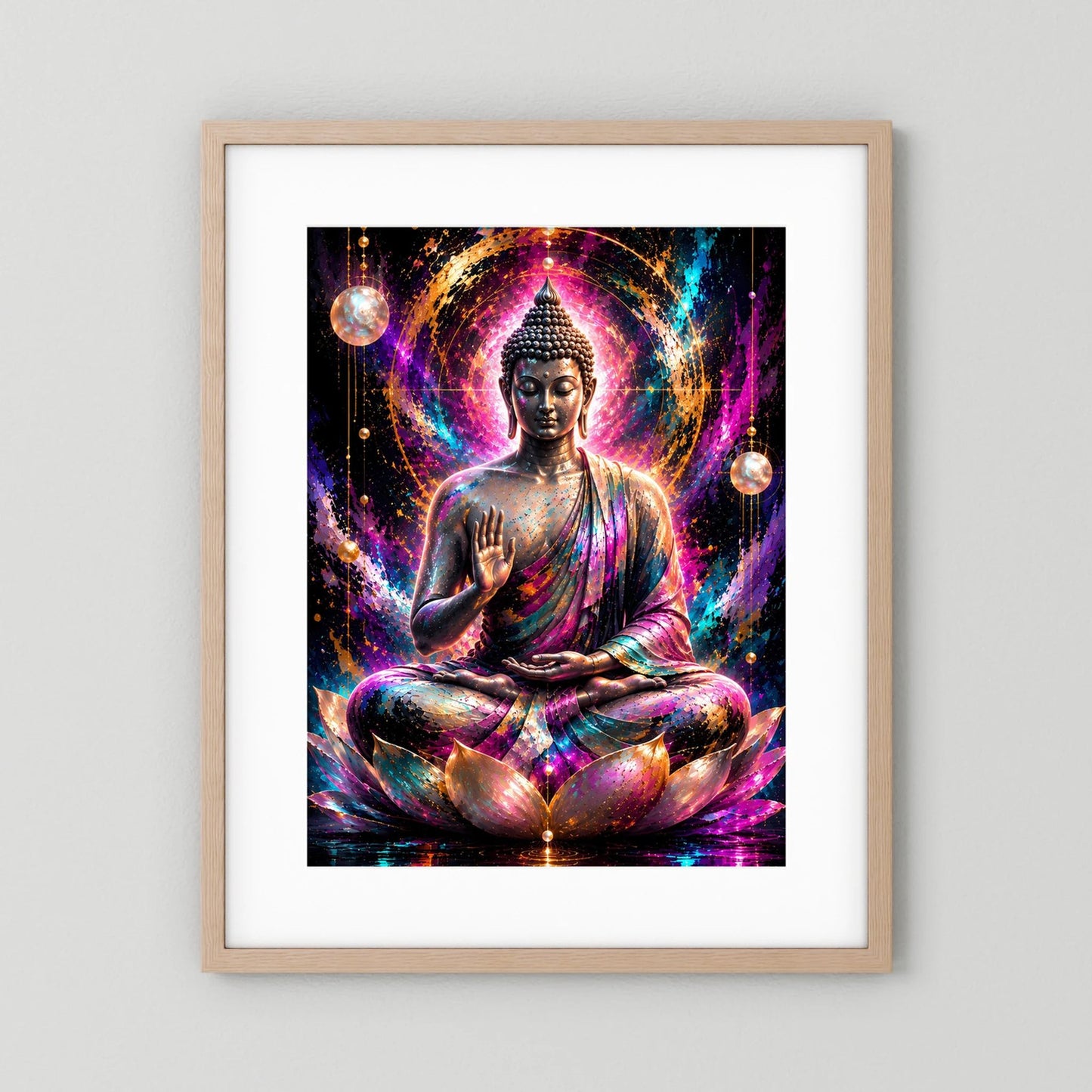Neon-Buddha-Poster mit meditierendem Buddha auf Lotus, abstraktes Neon-Mandala, Holzrahmen