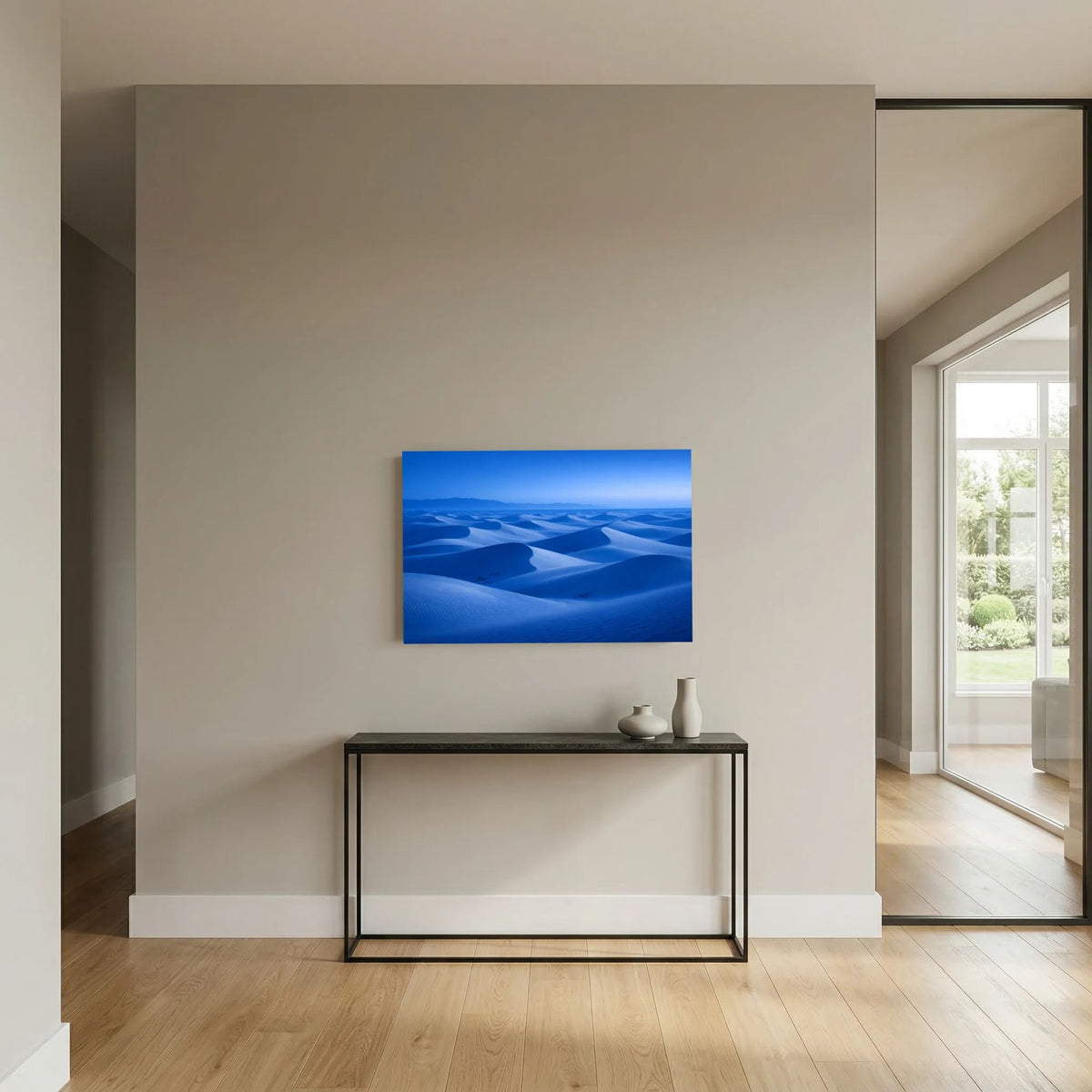 Blaues Poster mit Wüstenlandschaft und Dünenlandschaft, Querformat