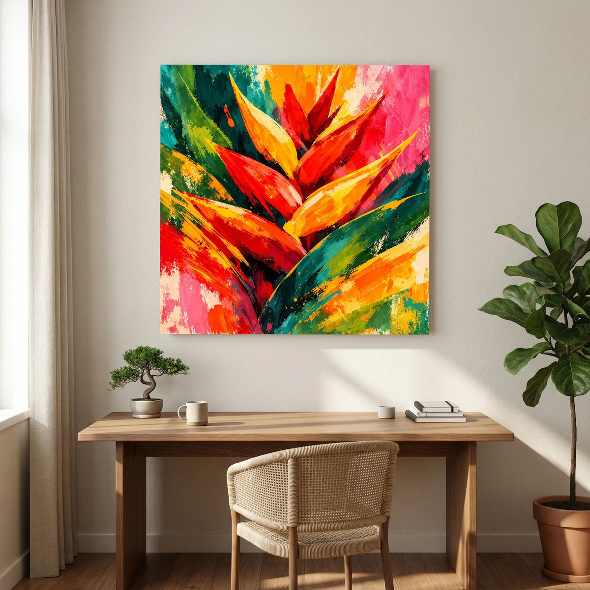 Leinwand Abstrakte Helikonie Blüte | Modernes Tropen Wandbild Bunt Exotisch