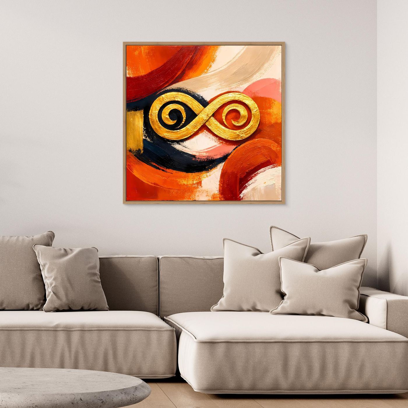 Abstraktes Leinwandbild mit goldenem Unendlichkeitssymbol im Holzrahmen, warmes Farbspiel