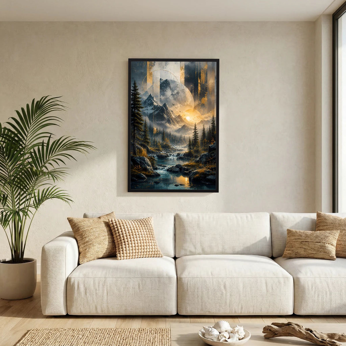 Hochformatiges Poster mit Berglandschaft, Fluss und goldenem Sonnenaufgang im schwarzen Rahmen