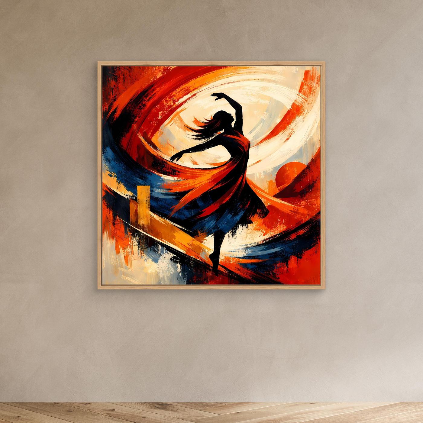 Kleines Leinwandbild mit abstrakter Tänzerin, heller Holzrahmen, rote und blaue Pinselstriche