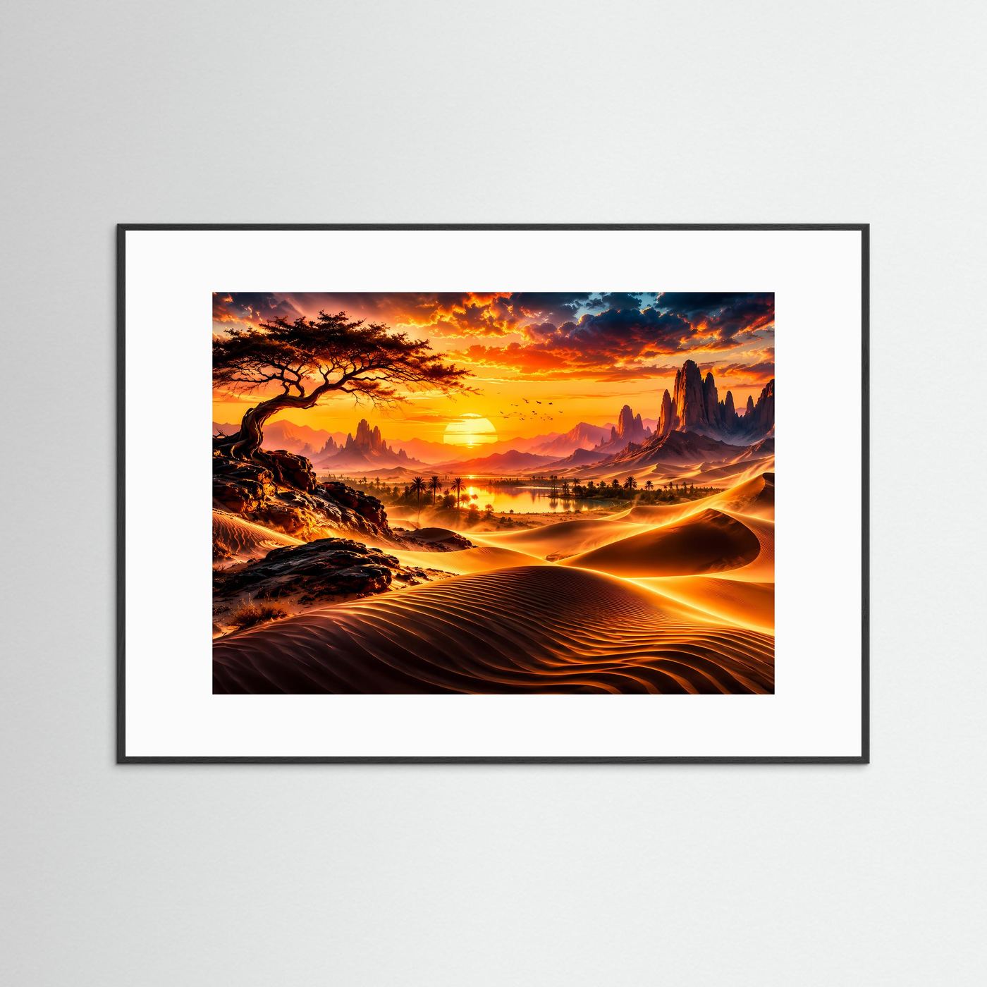 Goldene Wüste bei Sonnenuntergang | Oase & Dünen Landschaft Wandkunst