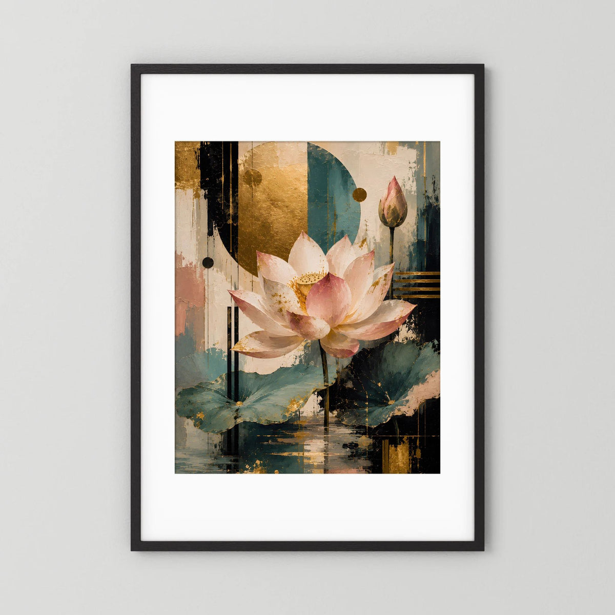 Gerahmtes Lotusblüten-Poster mit schwarzem Rahmen: Rosa Blüte, Gold, Türkis und Punkte, Hochformat.