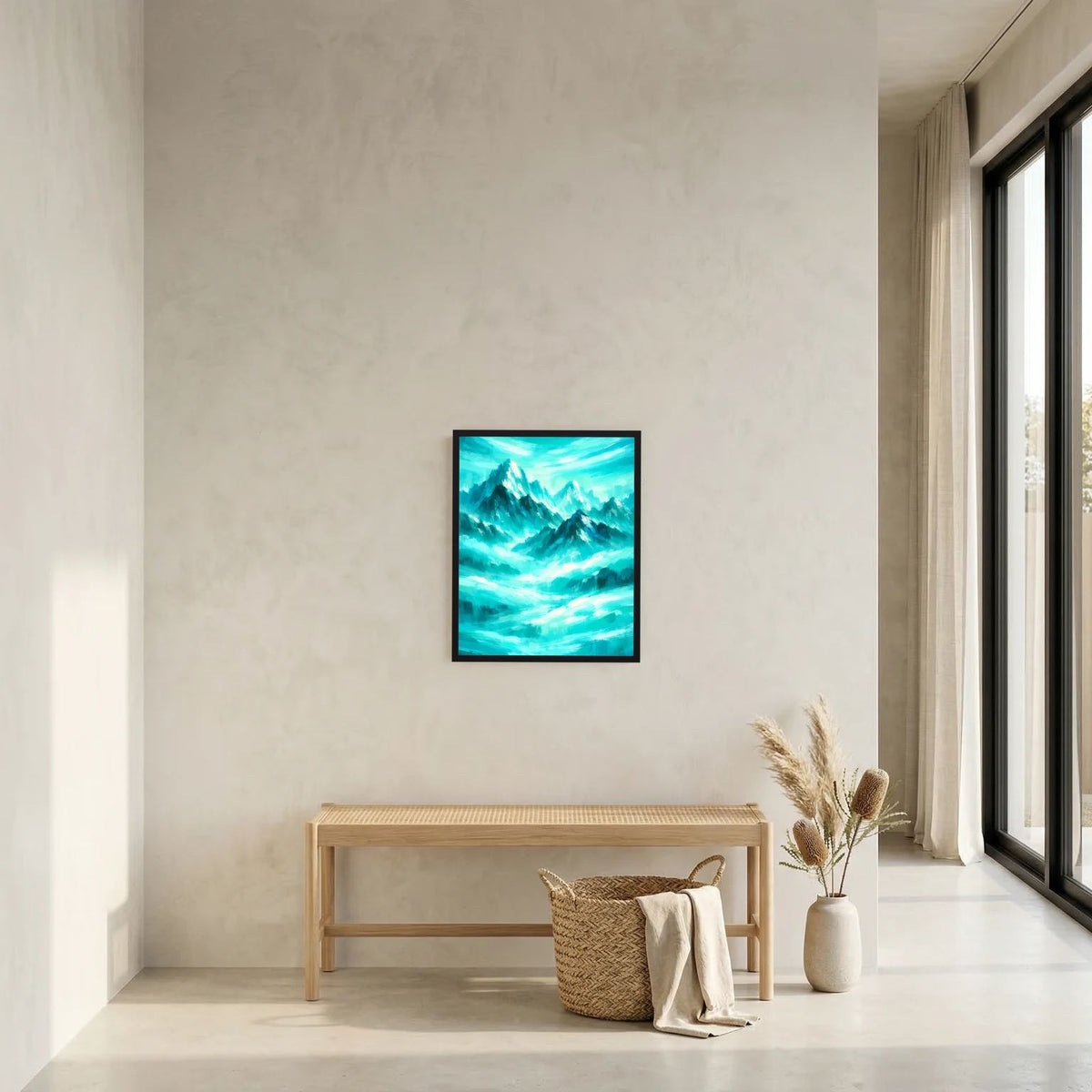 Gerahmtes Poster mit türkisweißer Berglandschaft über einer Wand