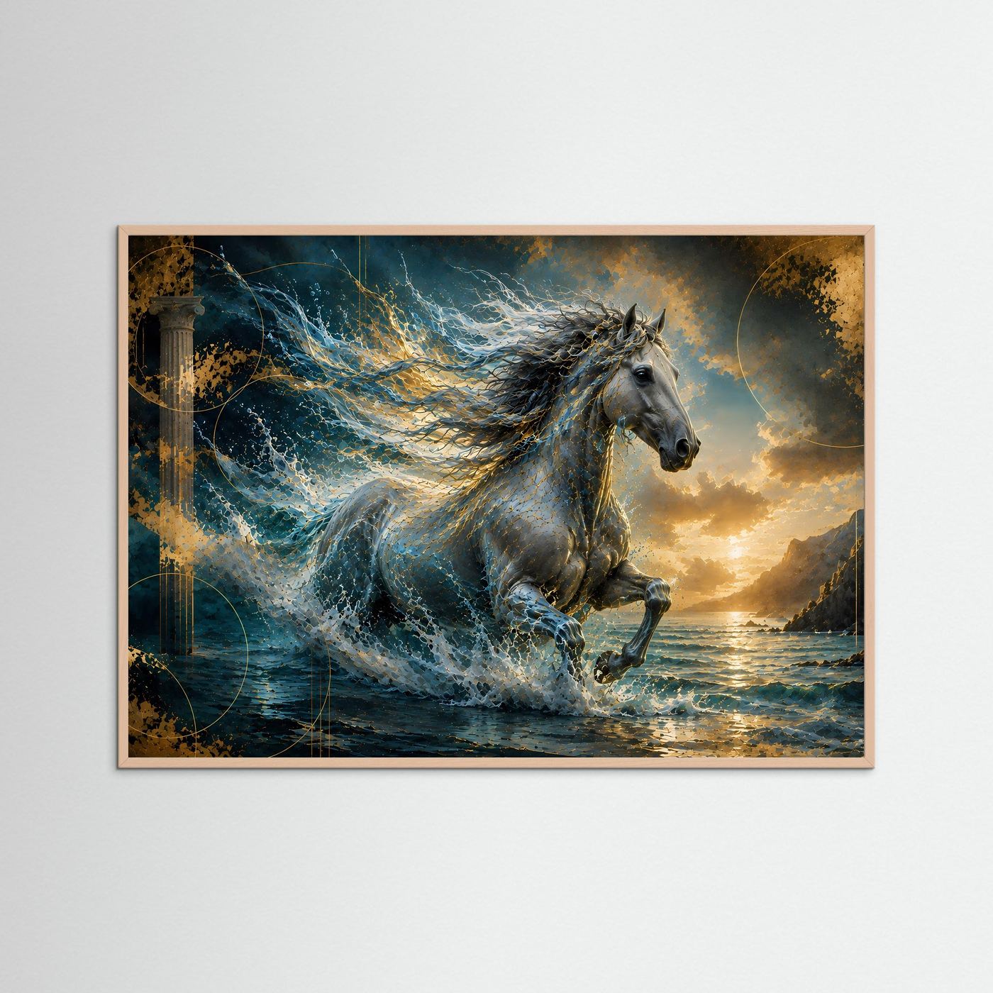 Querformat-Poster mit galoppierendem Pferd im Meer im rosafarbenen Holzrahmen