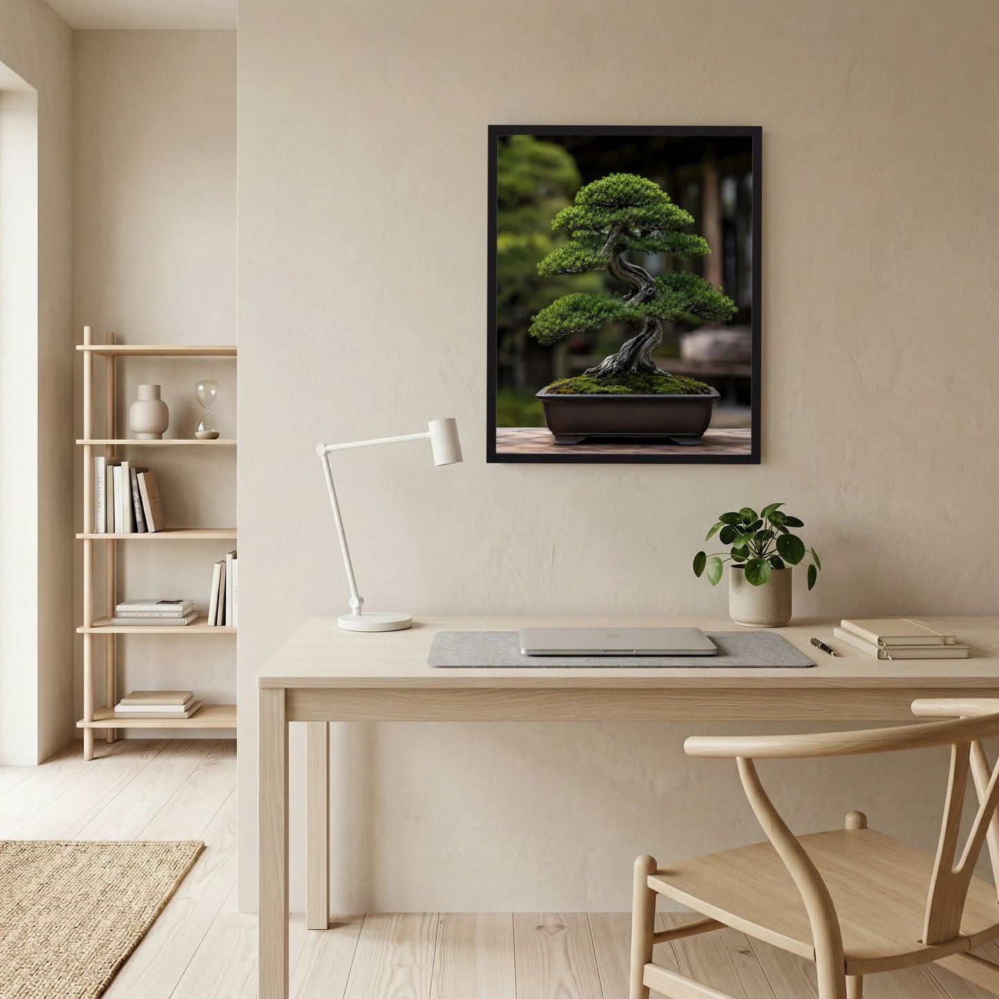 Vertikales Bonsai-Poster mit grünem Baum in Schale, im dunklen Rahmen