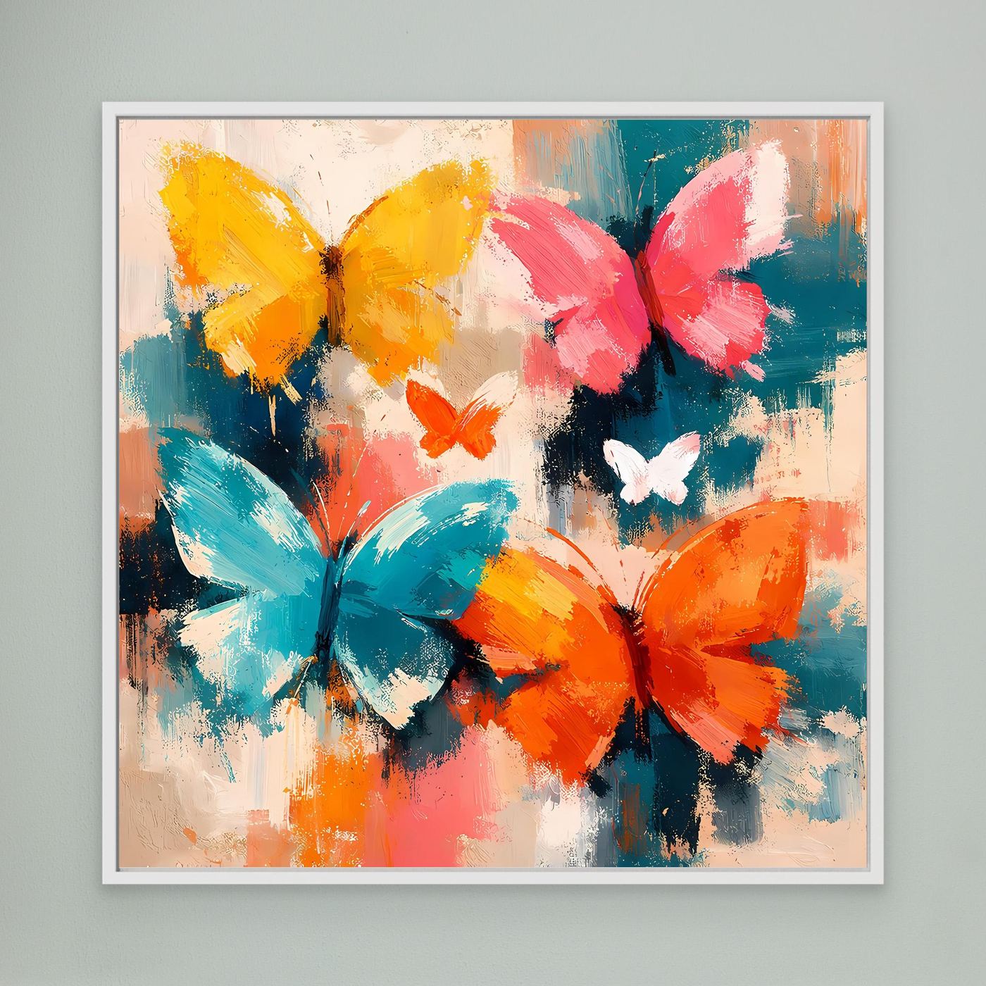 Leinwand Farbenfrohe Schmetterlinge im Flug | Abstraktes Natur & Frühling Wandbild
