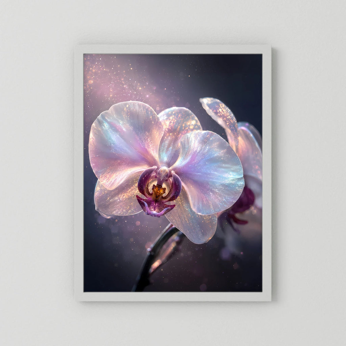 Orchideen-Poster mit weißem Rand im weißen Rahmen, schimmernde pastellfarbene Blüte