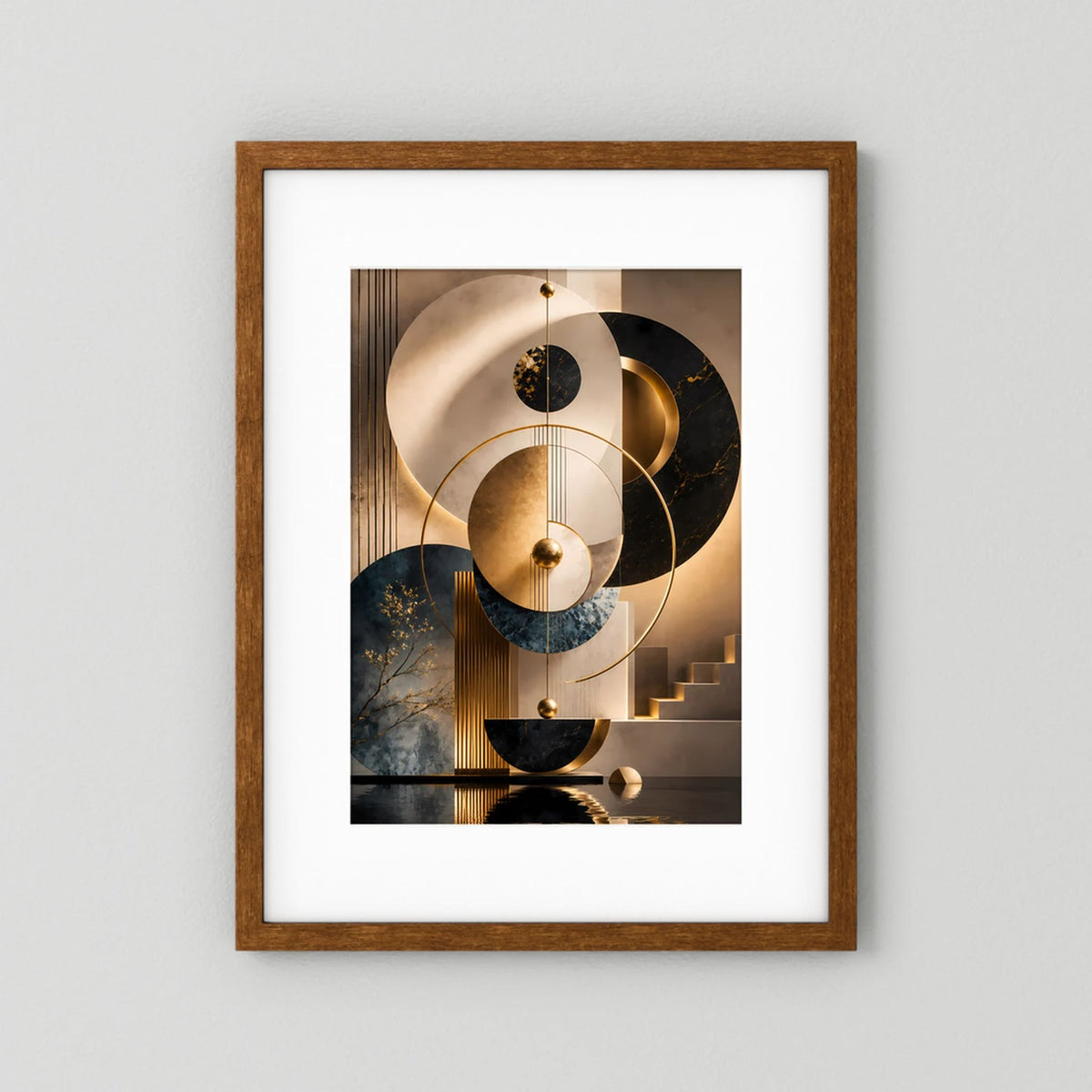 Eichenholz gerahmtes Poster mit abstrakten Kreisen in Gold, Schwarz, Beige & Petrol, Hochformat.