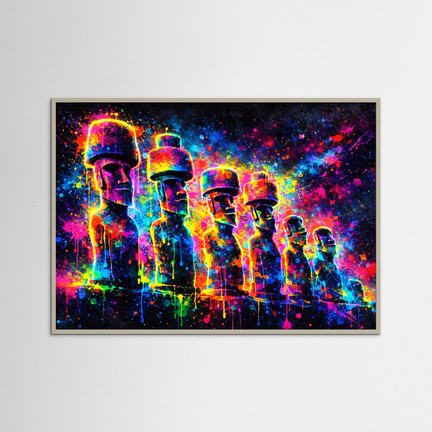Farbenfrohe Moai Statuen mit Kopfbedeckung | Neon Pop Art & Osterinsel Wandbild Querformat