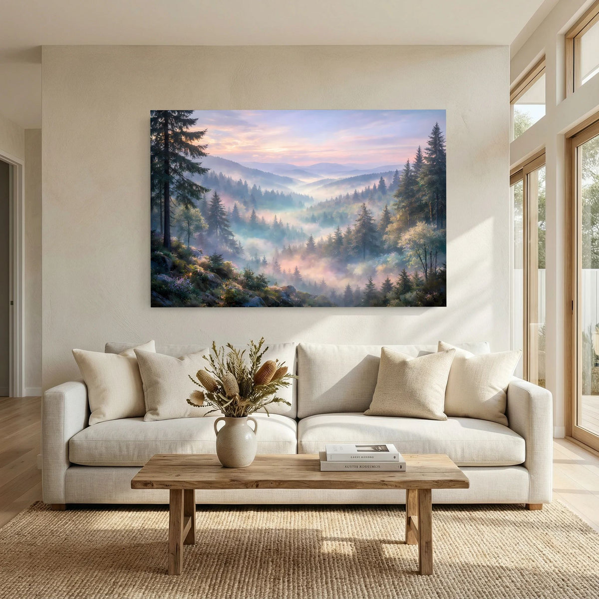 Wandposter im Querformat mit Berglandschaft im Nebeltal, Morgenlicht und Nadelwäldern