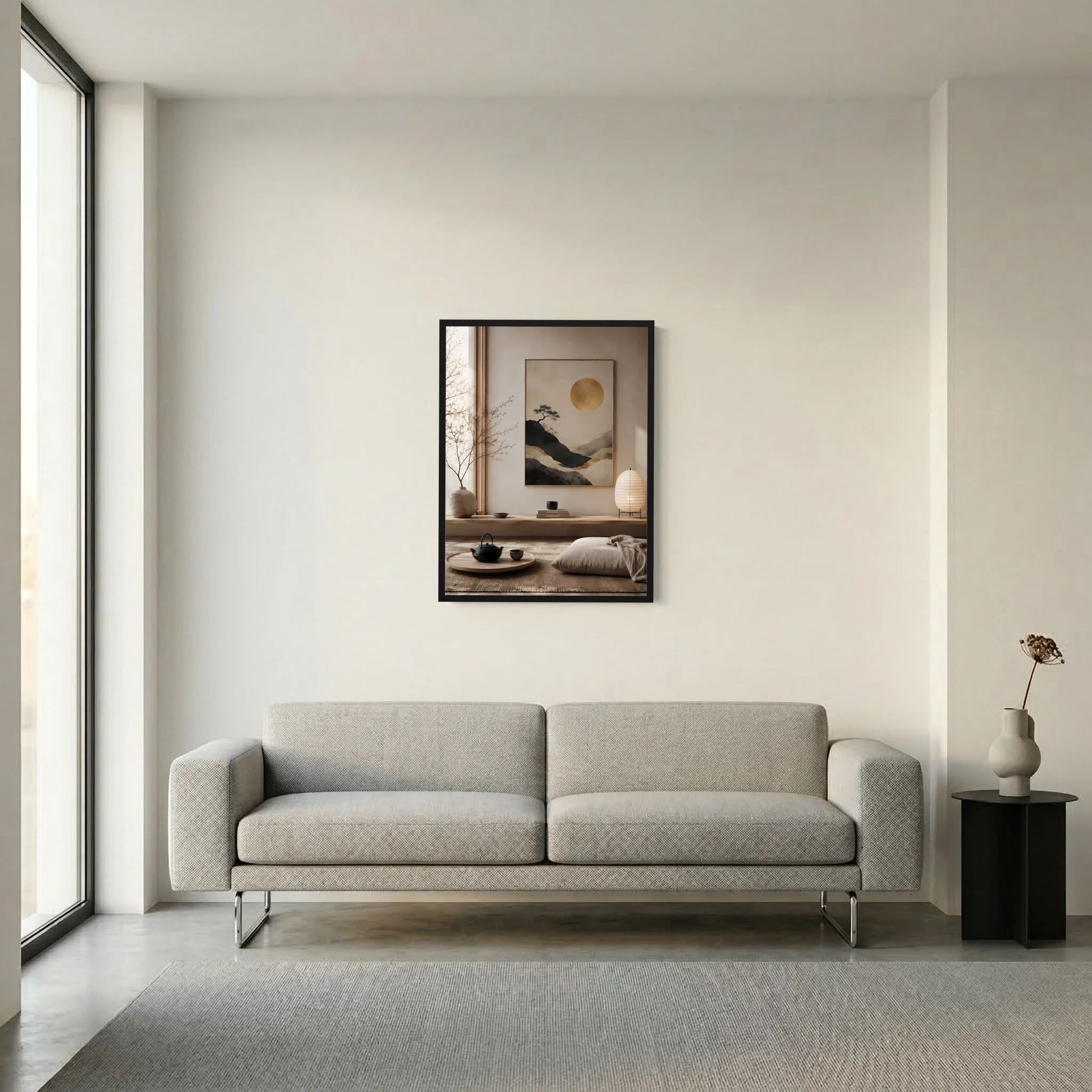 Poster mit schwarzem Rahmen auf Sofa-Wand: goldene Sonne über Bergen, ruhiges Motiv.