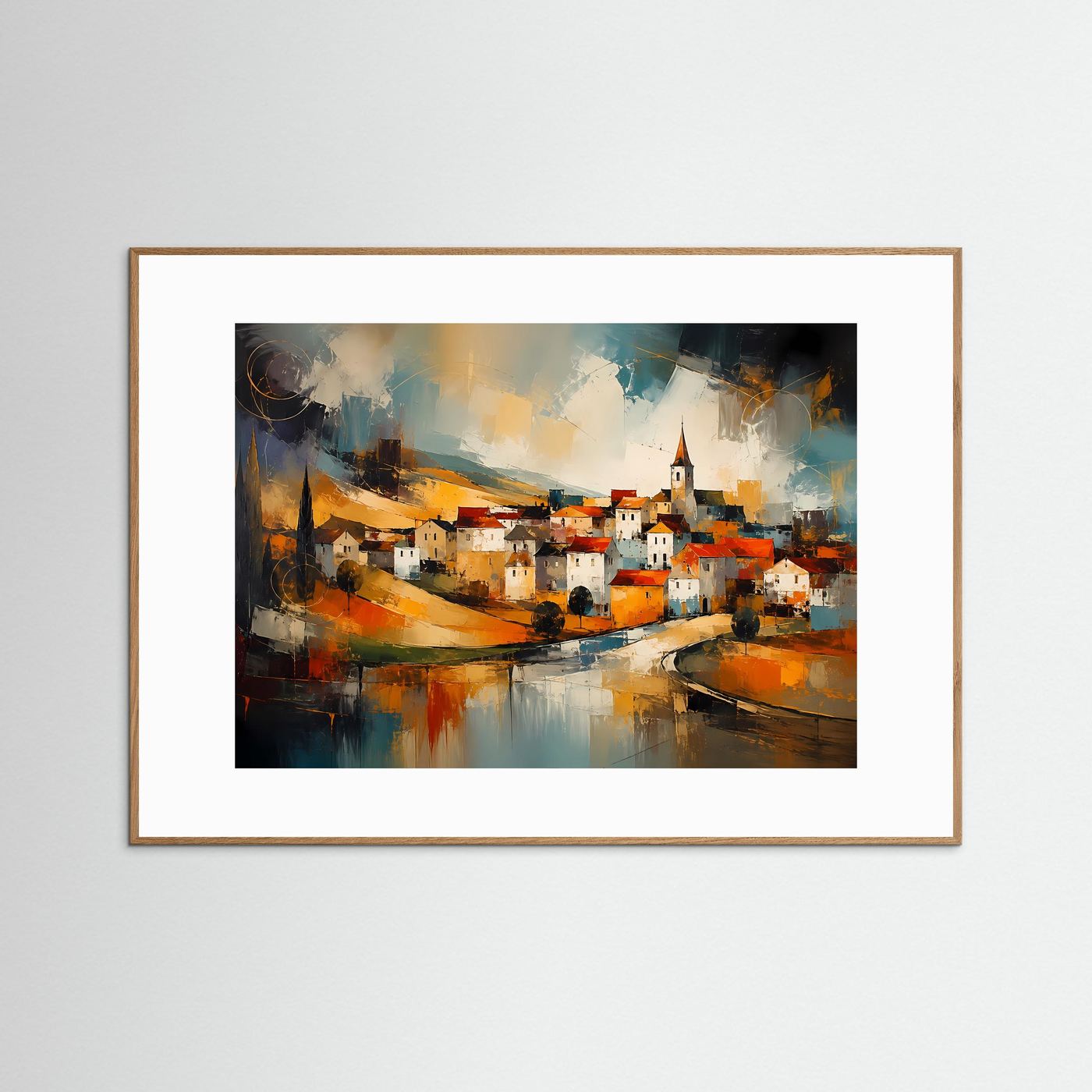 Gerahmtes Kunstposter mit abstraktem Dorf am Fluss und Brücke, naturfarbener Holzrahmen