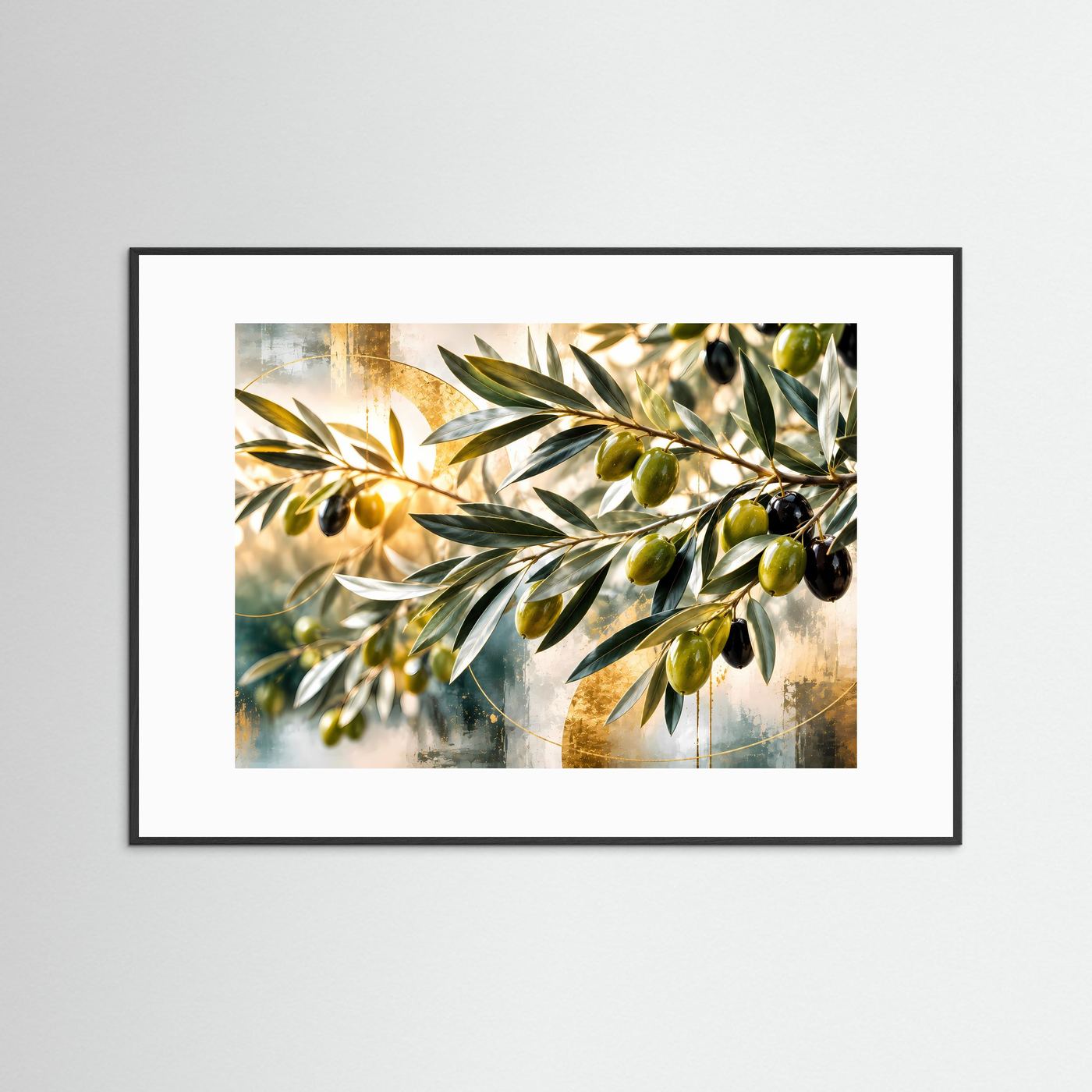 Olivenzweig-Naturkunst, abstraktes Wandbild mit schwarzem Rahmen und weißem Passepartout