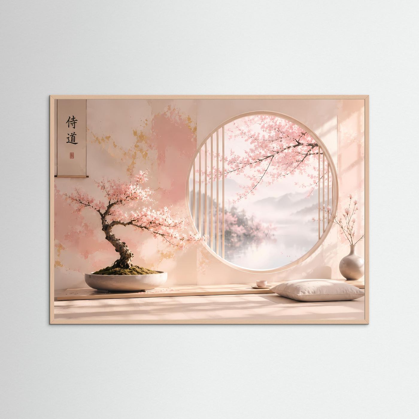 Japanischer Zen Garten mit Sakura Bonsai | Pastell Wandbild