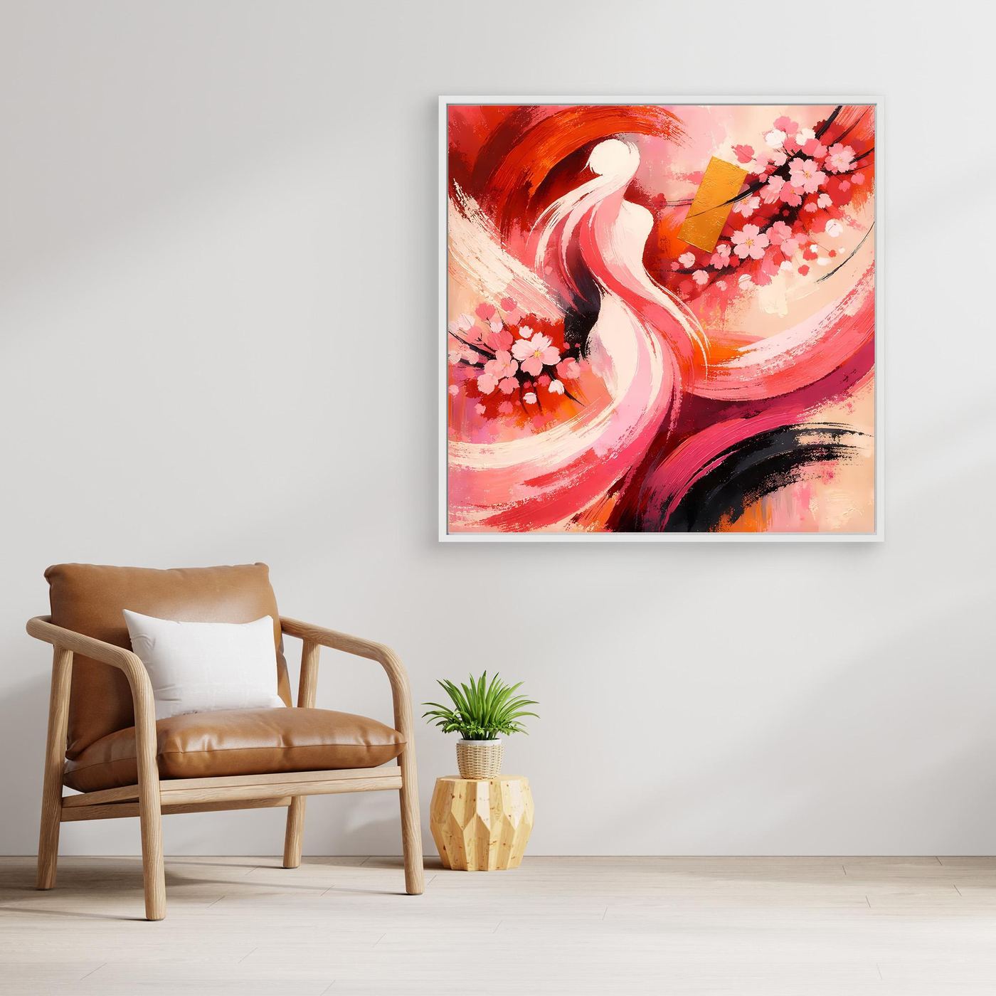 Japanisches Leinwand-Wandbild mit Kirschblüten und abstrakter Silhouette, rot-rosa, im weißen Rahmen