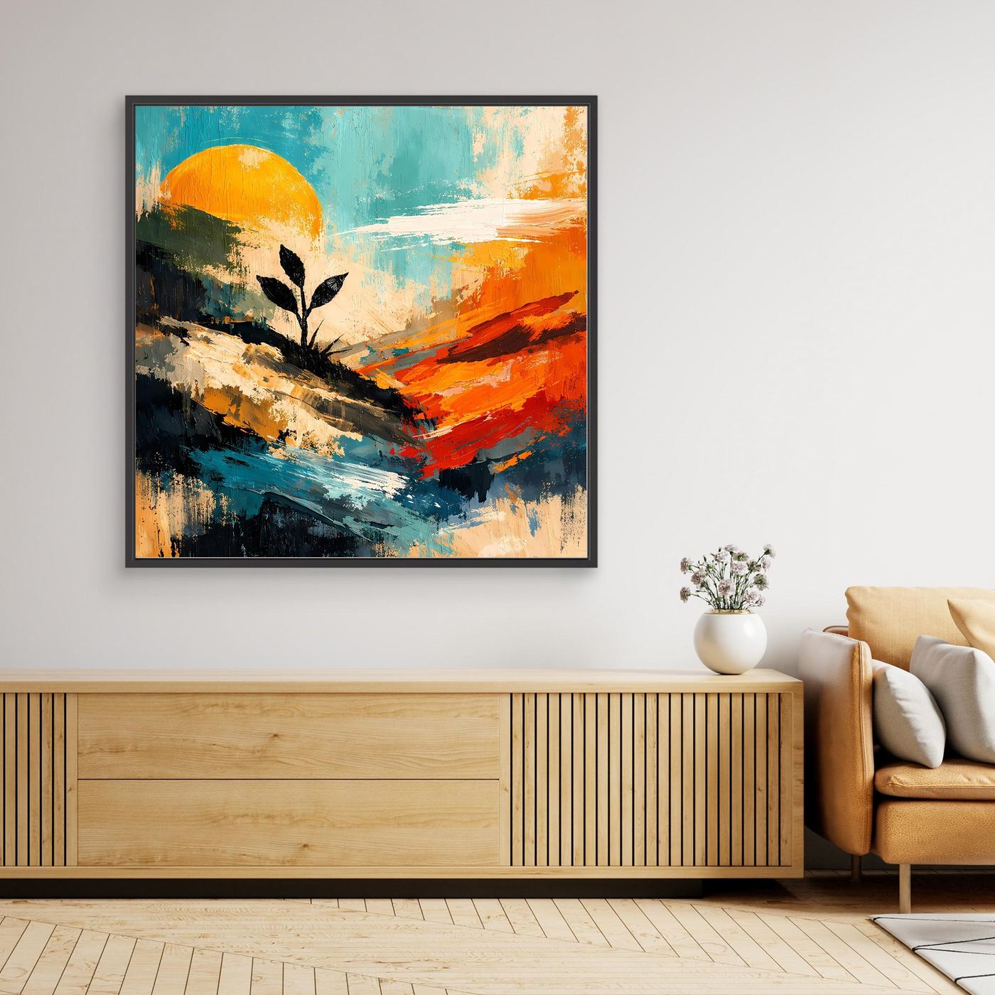 Modernes Wandbild mit abstrakter Landschaft, Baum-Silhouette und Sonne in bunten Farbtönen, schwarz gerahmt
