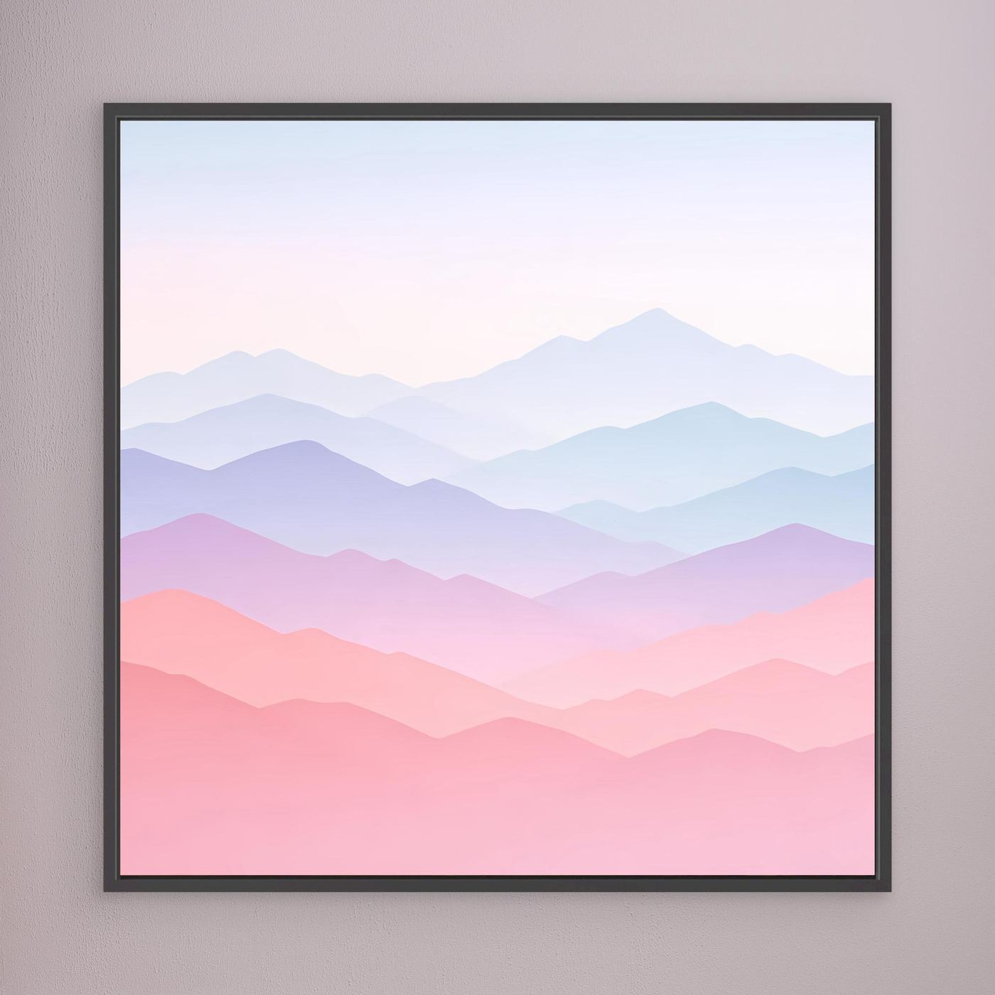 Leinwandbild mit schwarzem Rahmen, pastellige Berglandschaft mit sanftem Verlauf