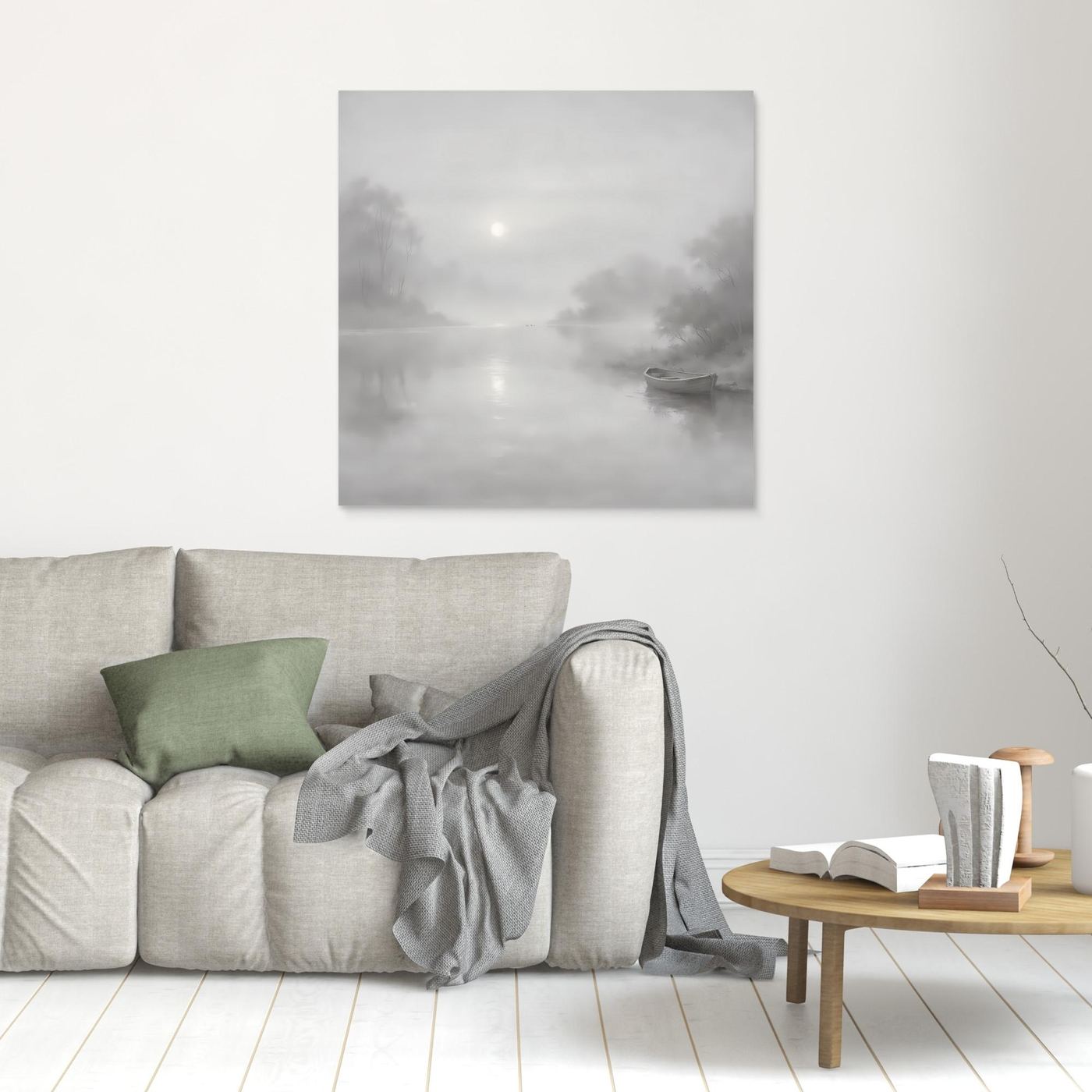 Kleines Leinwandbild mit grauem Nebel-Fluss und Boot, weißer Rahmen