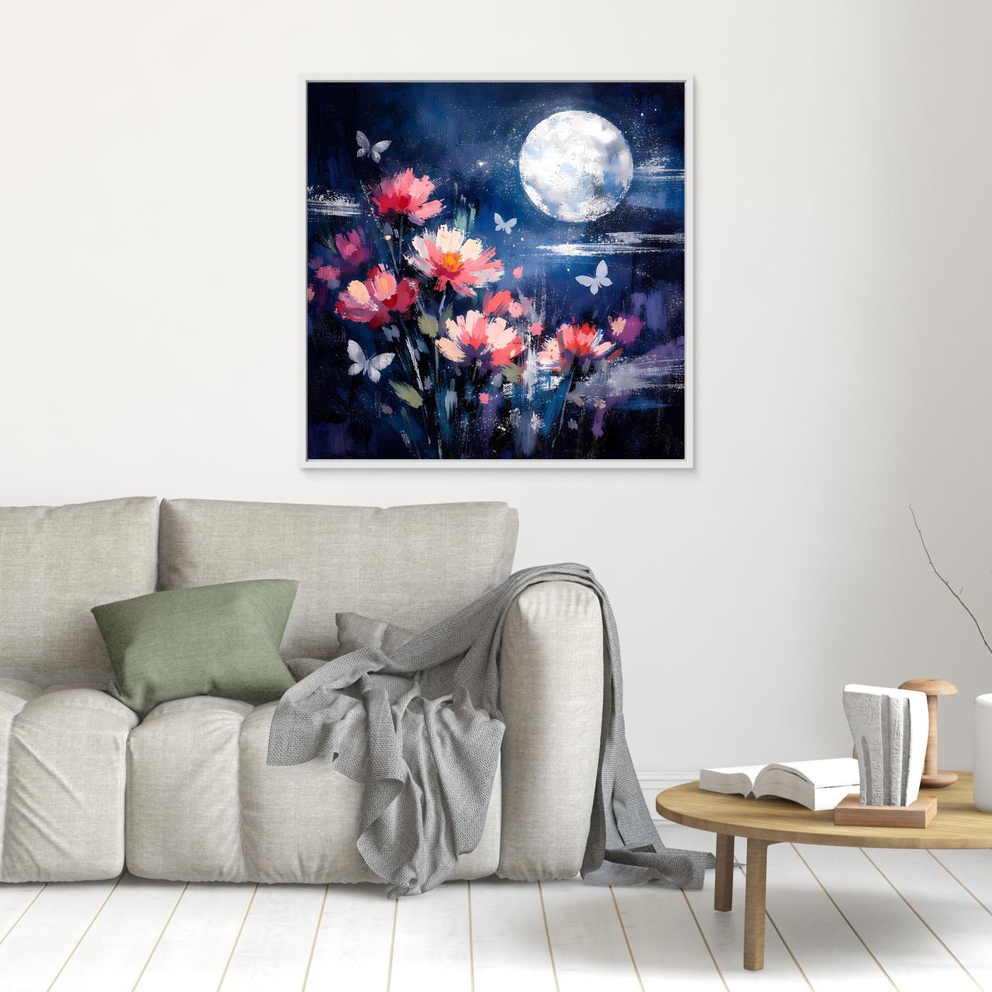 Kleines Leinwand-Wandbild mit abstrakten pinken Blumen, Schmetterlingen und hellem Mond, weiß gerahmt
