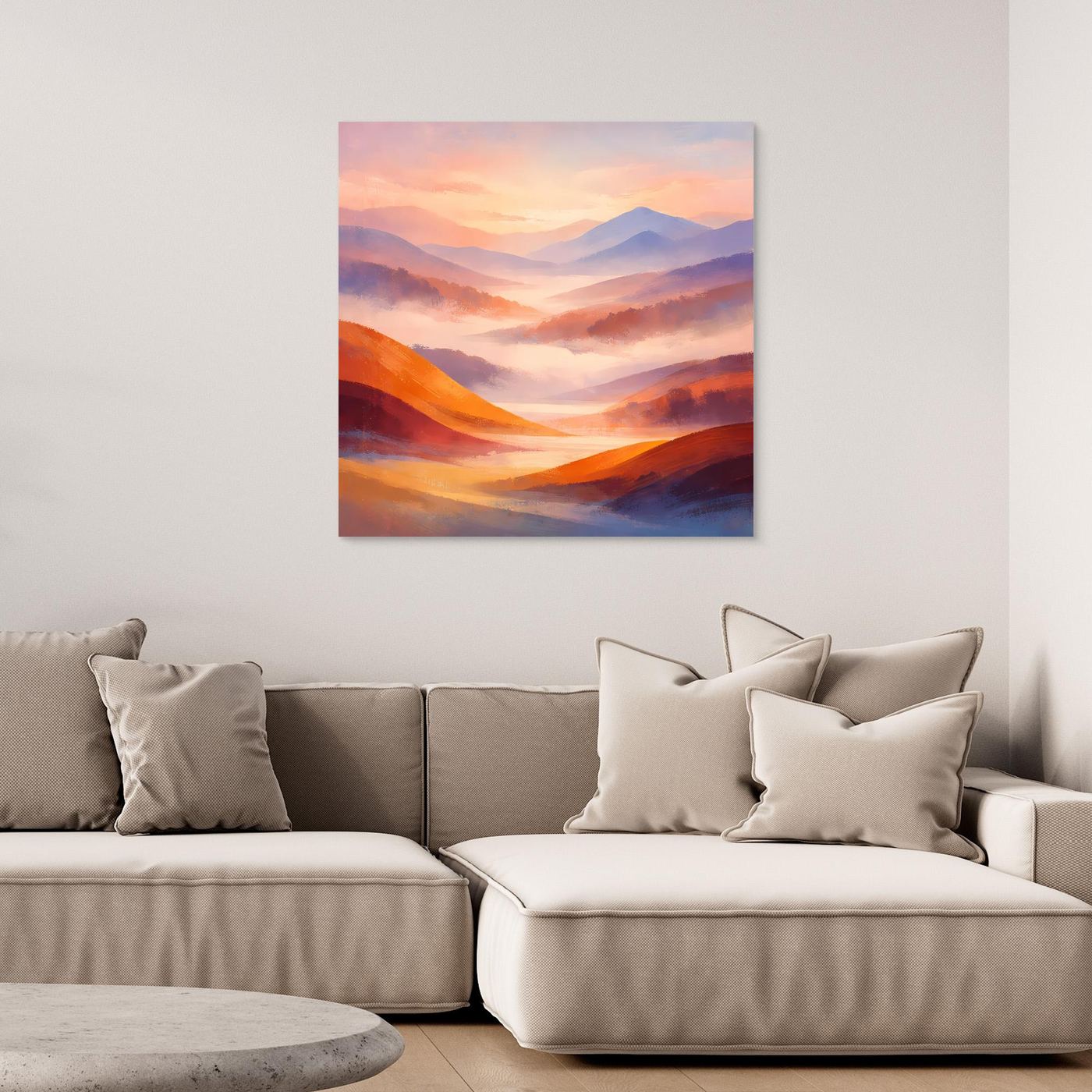 Leinwandbild Berglandschaft im Pastell, orangefarbene Hügel ohne sichtbaren Rahmen