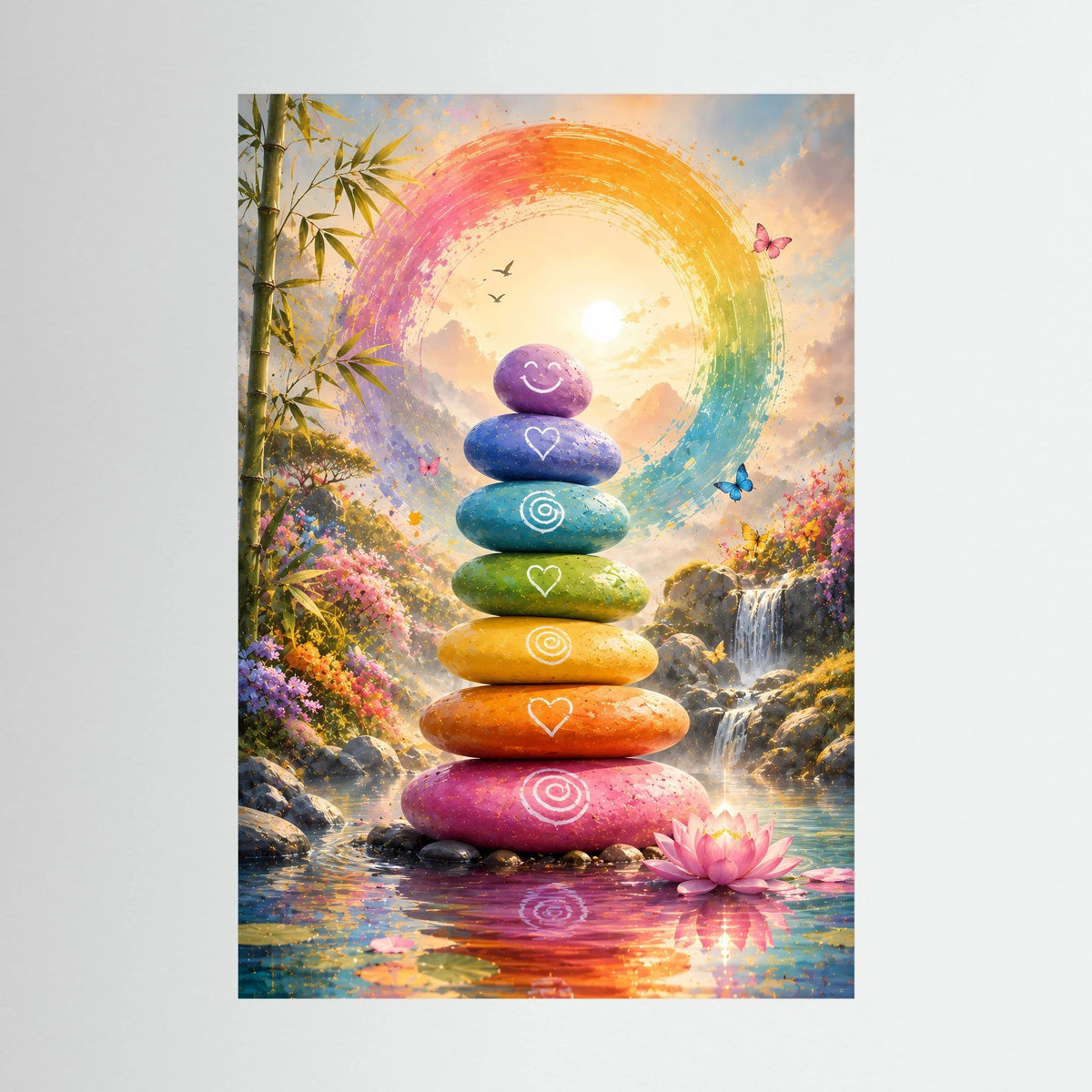 Hochformatiges Zen-Poster mit Regenbogenkreis, gestapelten Steinen und Lotusblüte
