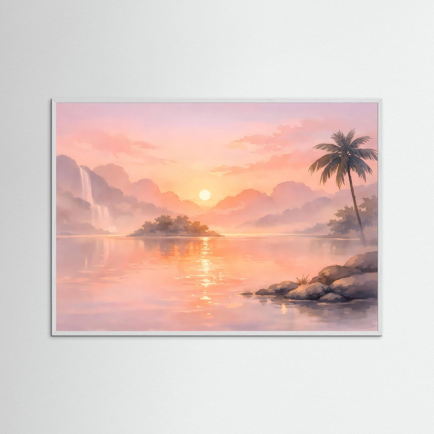 Querformat-Poster mit tropischem Sonnenaufgang über See und Palme; grauer Rahmen