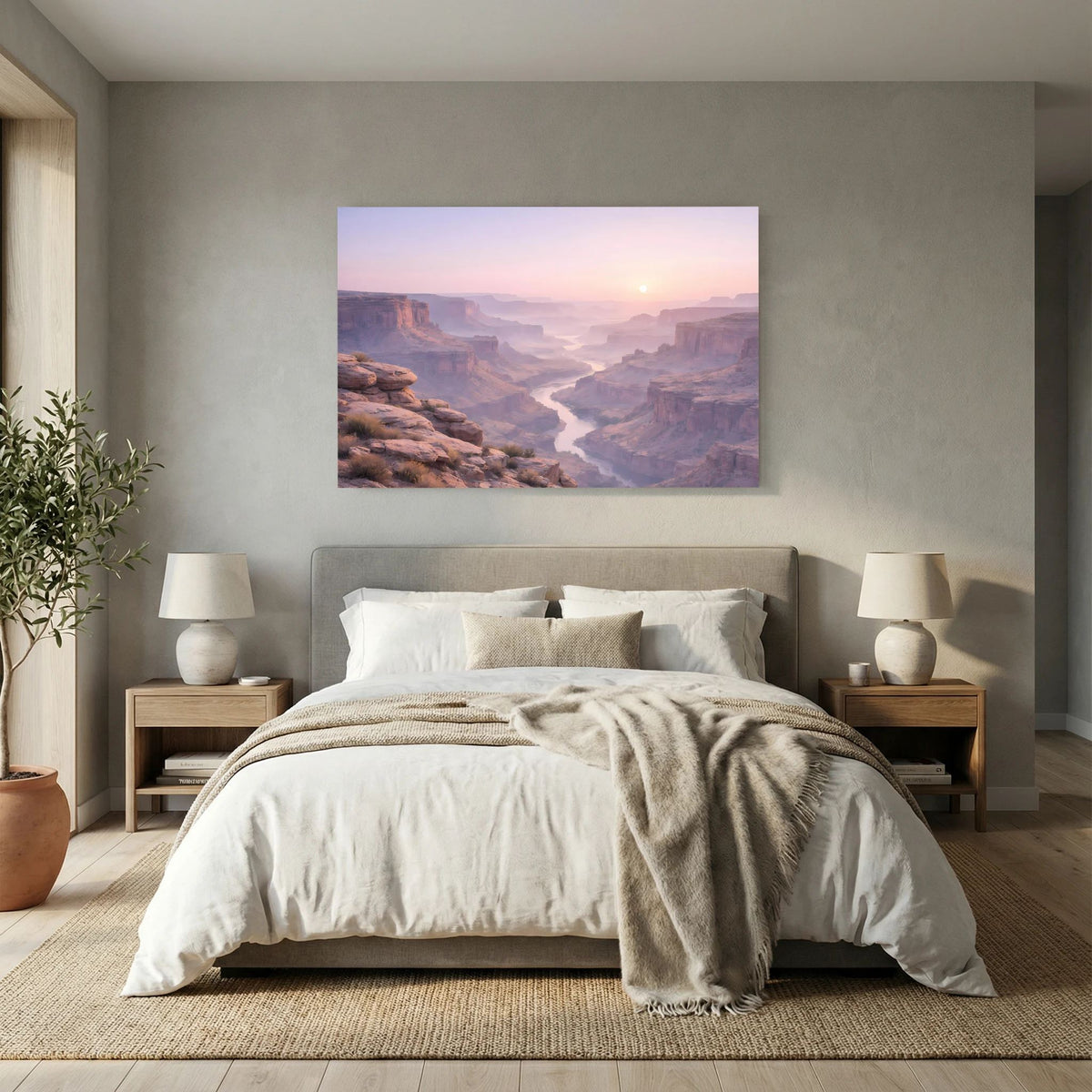 Wandbild Querformat mit Canyon-Motiv, Sonnenaufgang über Schluchten und Fluss im Tal.