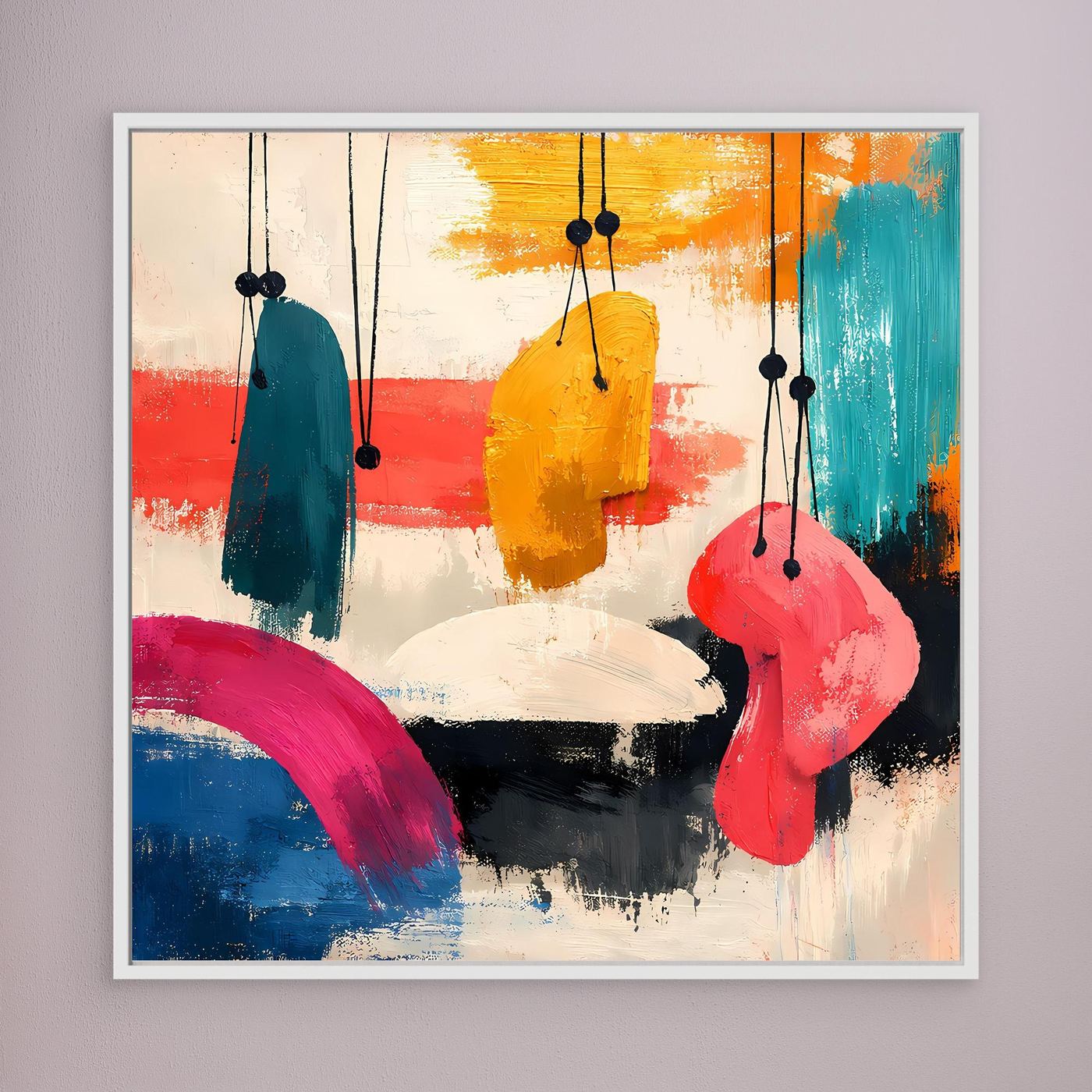 White-framed abstract wall art with hanging organic shapes in teal, yellow, pink, blue