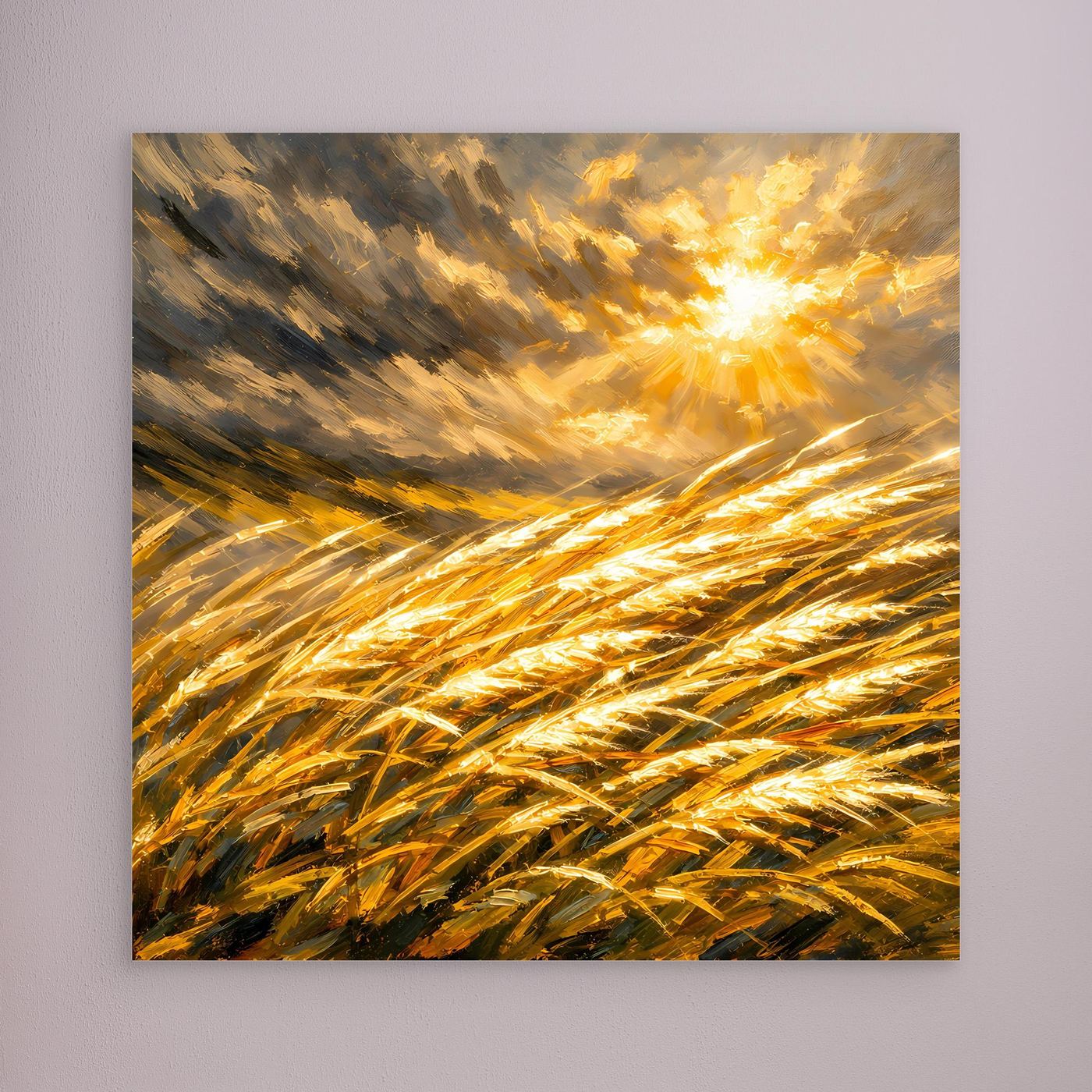 Leinwandbild mit goldenem Weizenfeld, abstrakter Sonnenstrahl-Himmel, ohne Rahmen