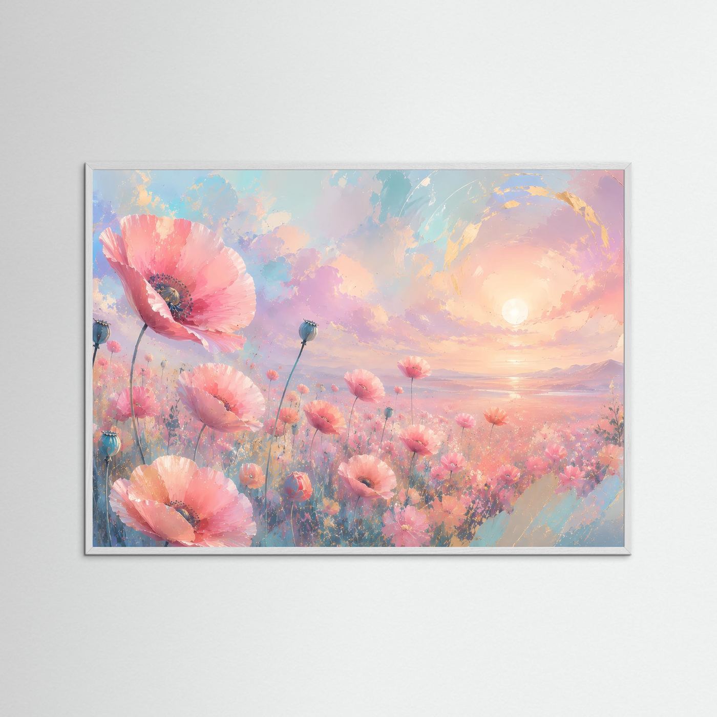 Mohnblumen Poster Querformat | Pastell Blumenfeld Wandbild | Romantische Moderne Naturkunst