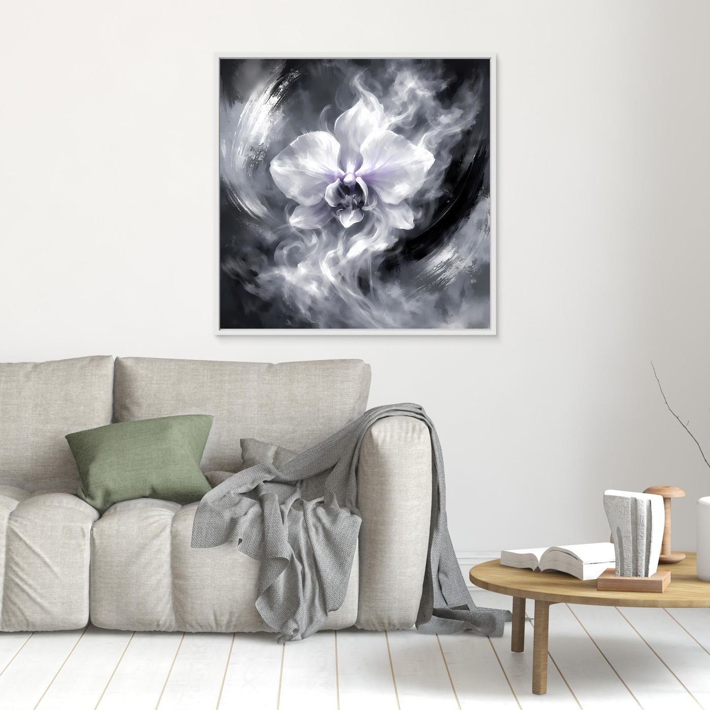 Wandbild mit abstrakter Orchidee in Schwarzweiß im weißen Rahmen