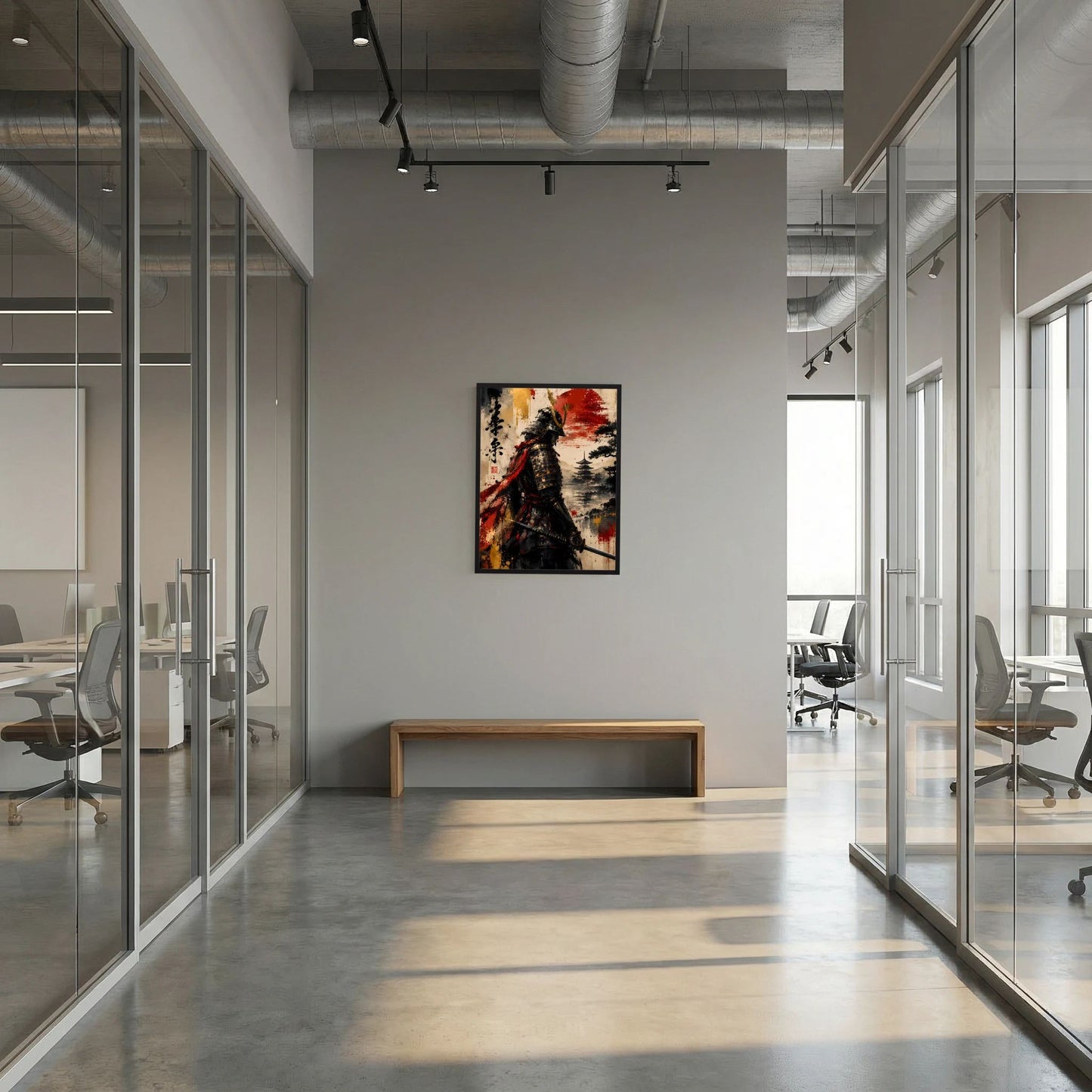 Poster mit Samurai in Schwarz, roter Sonne und orange-roter Farbfläche, im schwarzen Rahmen.