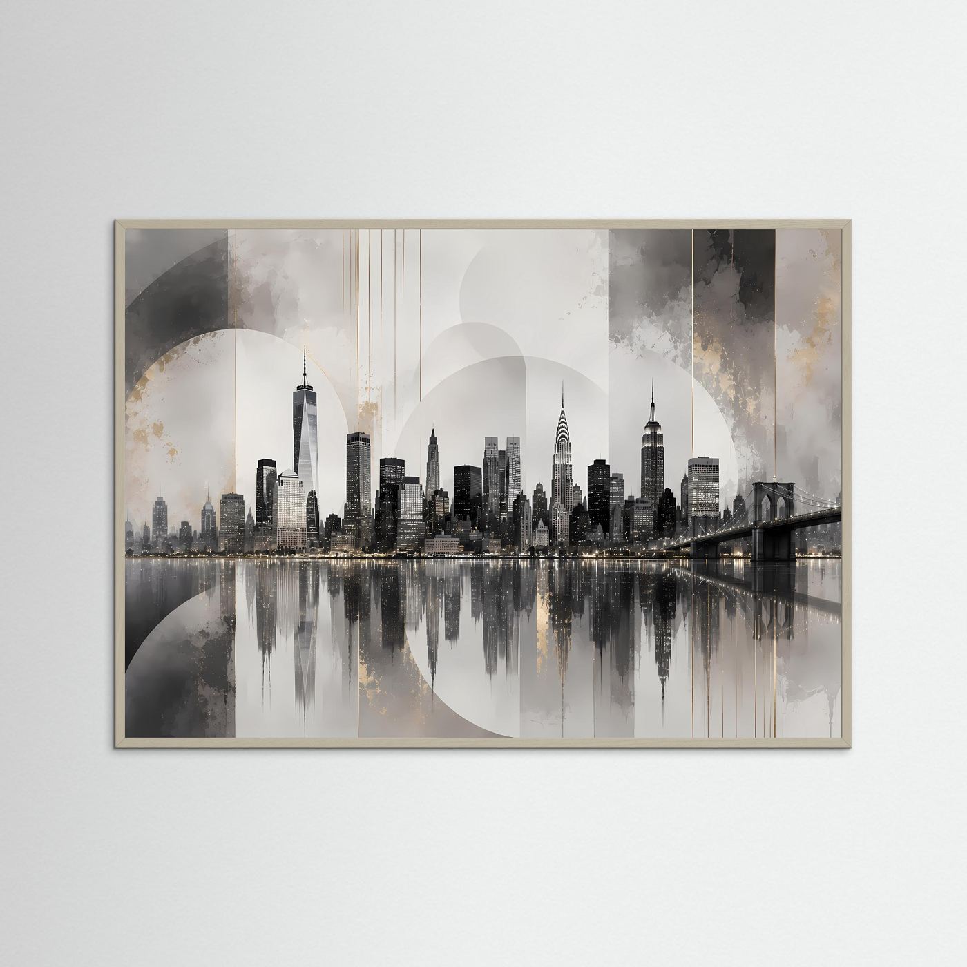 Querformatiges Skyline-Poster mit Brückenmotiv im grauen Rahmen, Grau-Schwarz-Creme