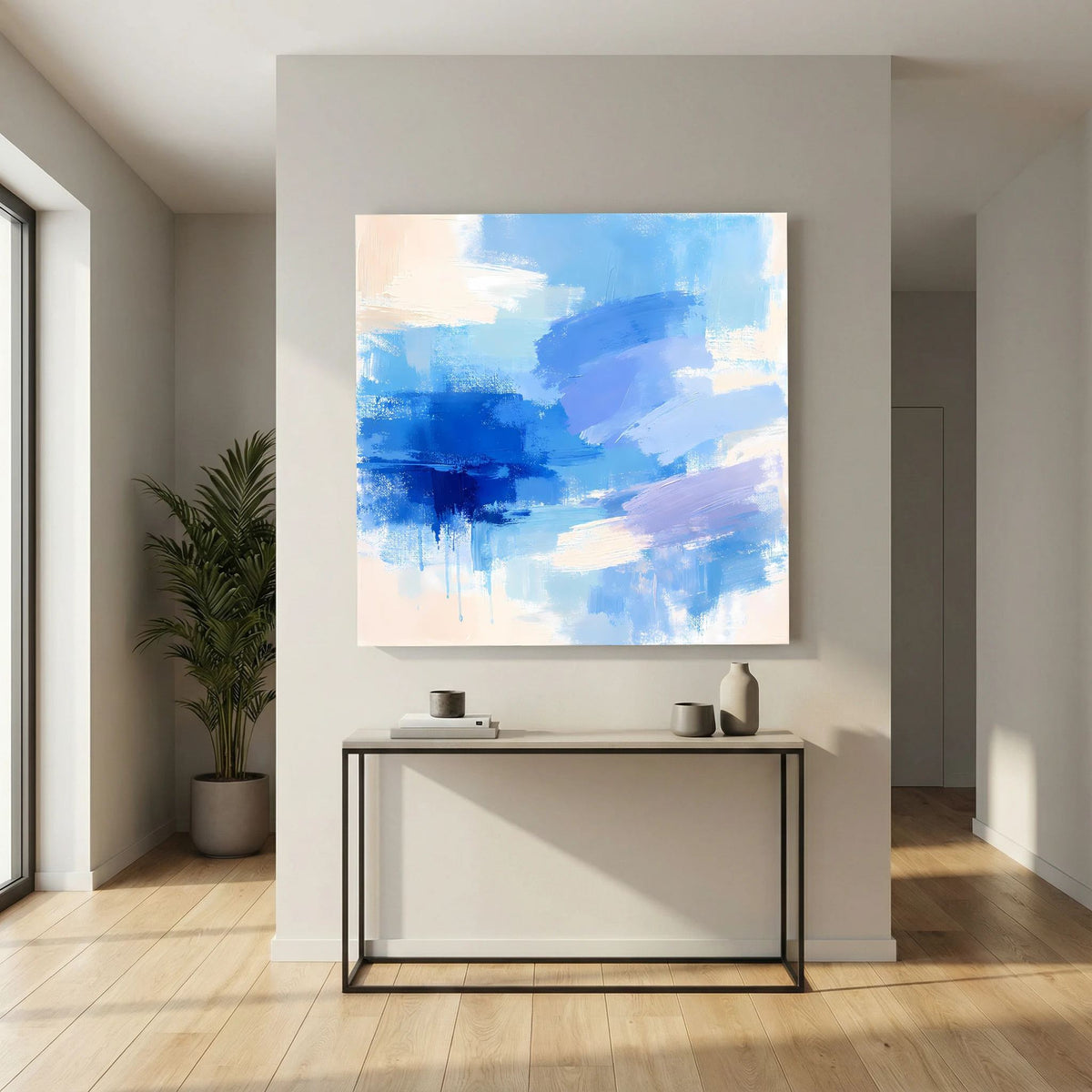 Leinwand Abstrakte Blaue Pinselstriche | Modernes Minimalistisches Wandbild Meer