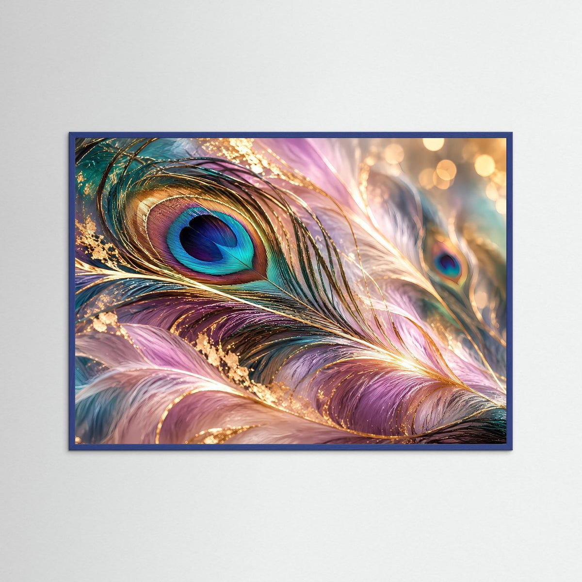 Wandbild mit Pfauenfeder-Motiv im blauem Holzrahmen, pastellfarben mit goldenen Details