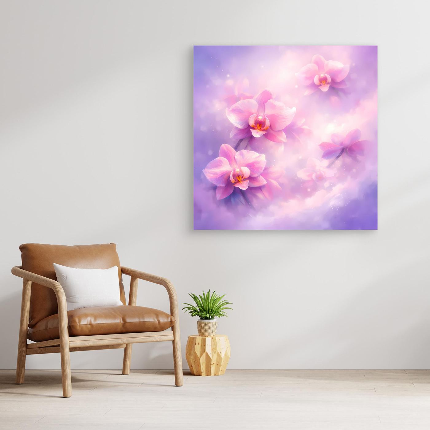 Leinwandbild mit pastellfarbenen Orchideen auf lila-pinkem Hintergrund, ohne Rahmen.
