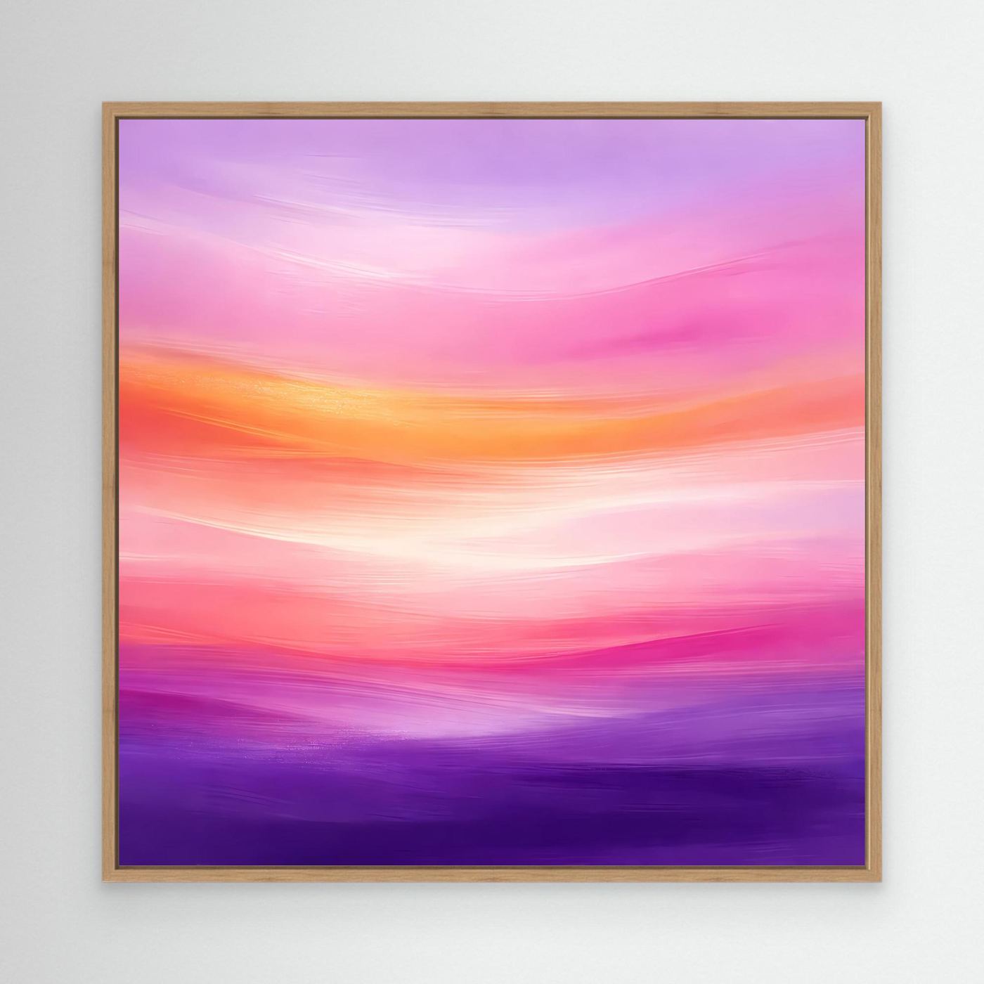 Abstraktes Leinwandbild mit Horizont in Pastellfarben: Abendrot, violett und pink im Eichenrahmen