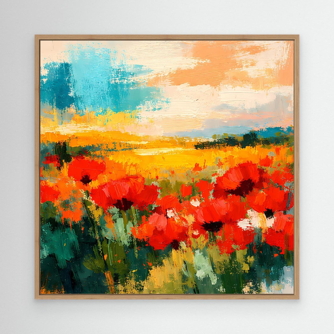 Abstract poppy field canvas wall art with oak frame, red blooms and blue-orange sky