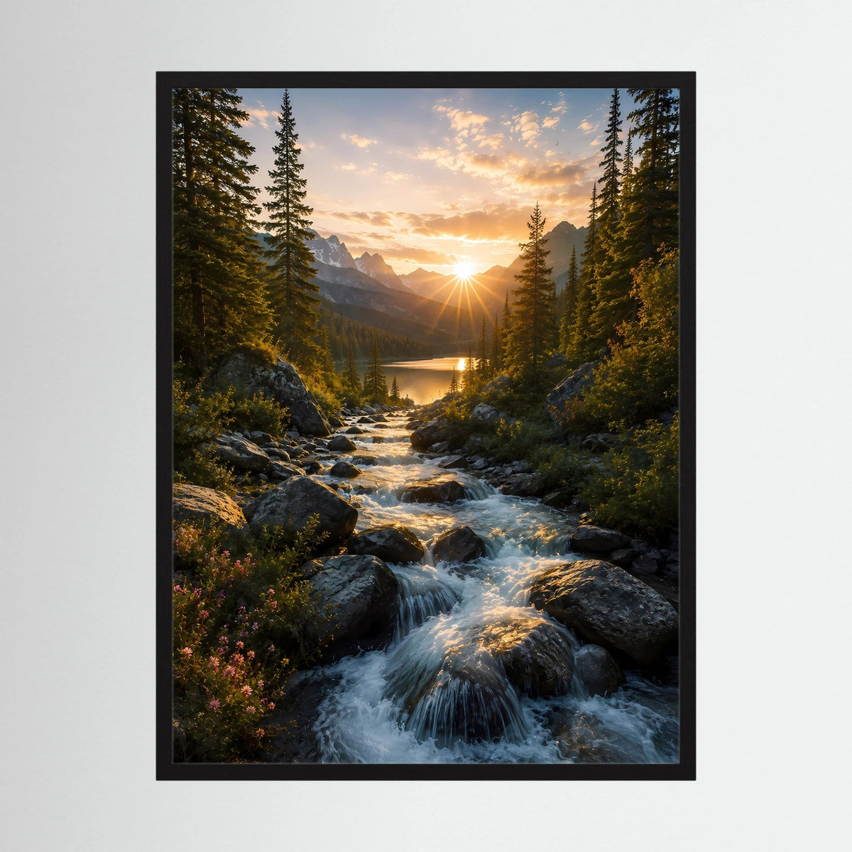 Hochformat-Poster mit schwarzem Rahmen: Waldtal, Fluss und Sonnenuntergang.