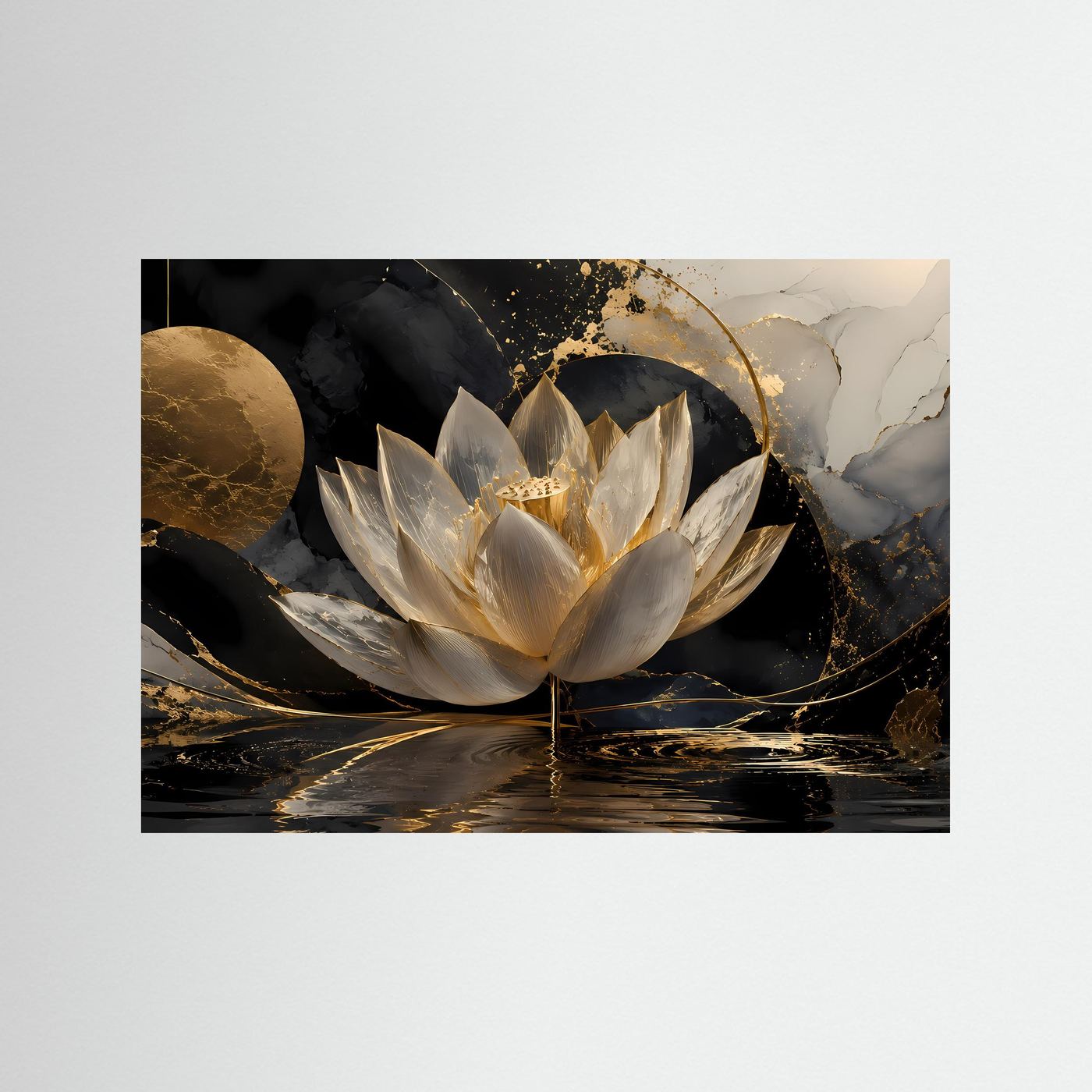 Weiße Lotusblüte Wandbild | Schwarz Gold Lotus Kunst | Elegante Zen Botanical Wall Art | Luxuriöse Meditation Leinwand | Moderne Wellness Deko