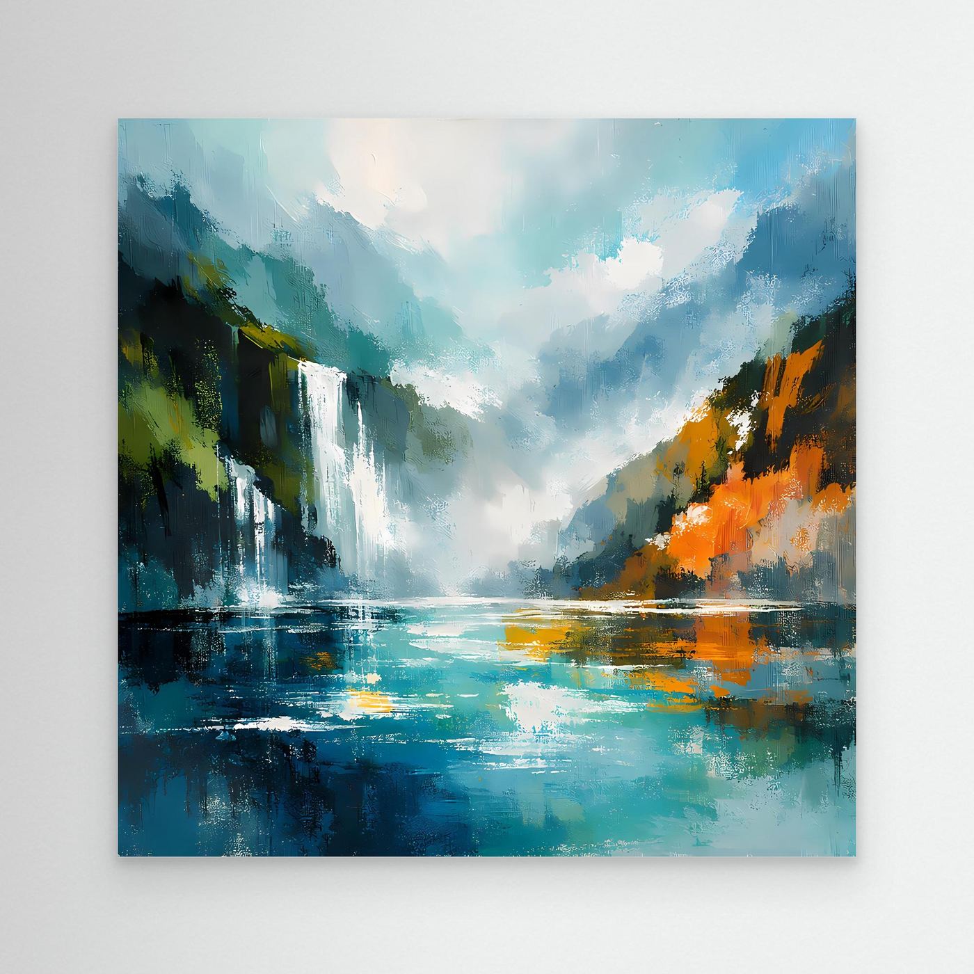 Abstraktes Wandbild mit Wasserfall und Fjord, türkis/blau, ohne Rahmen.