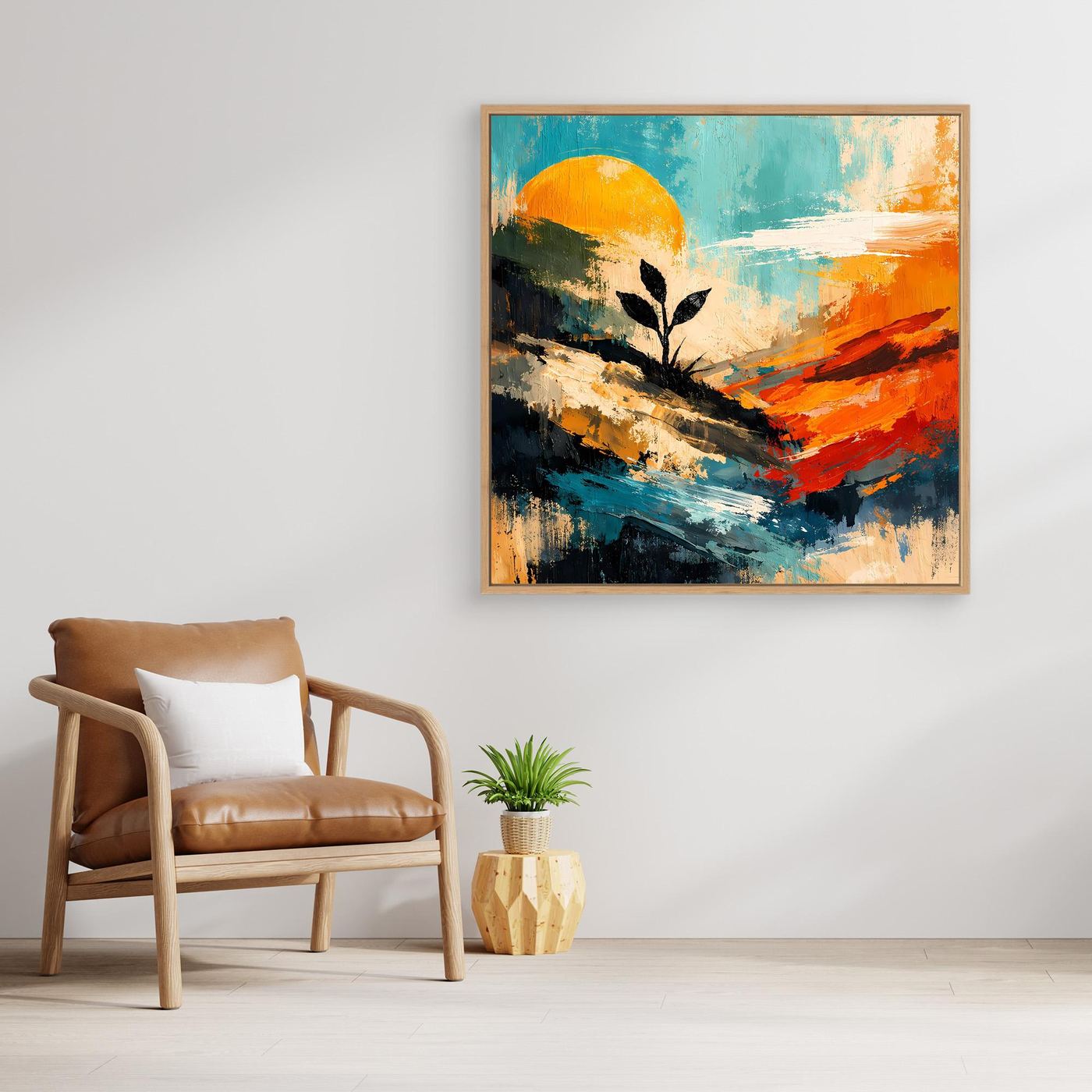 Leinwand-Wandbild mit abstraktem Sonnenkreis, Pflanzen-Silhouette und orangefarbenen Flächen